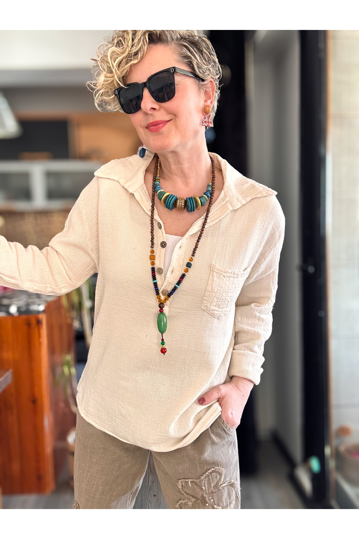 Pelas Tasarım Petek Doku Yakalı Gömlek Bej