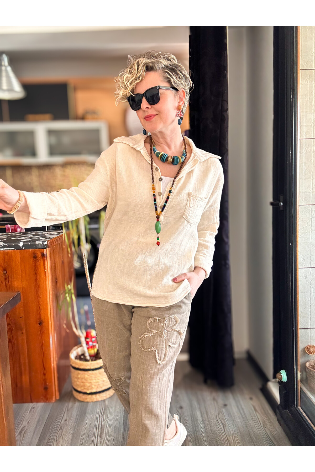 Pelas Tasarım Petek Doku Yakalı Gömlek Bej