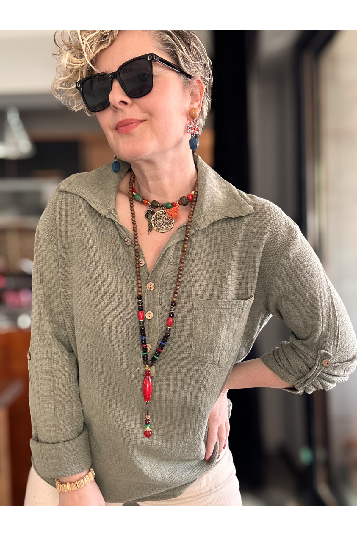 Pelas Tasarım Petek Doku Yakalı Gömlek Haki