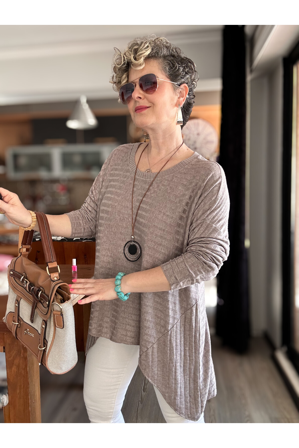 Pelle İtalyan Kolyeli Fitil Desen Bluz Vizon