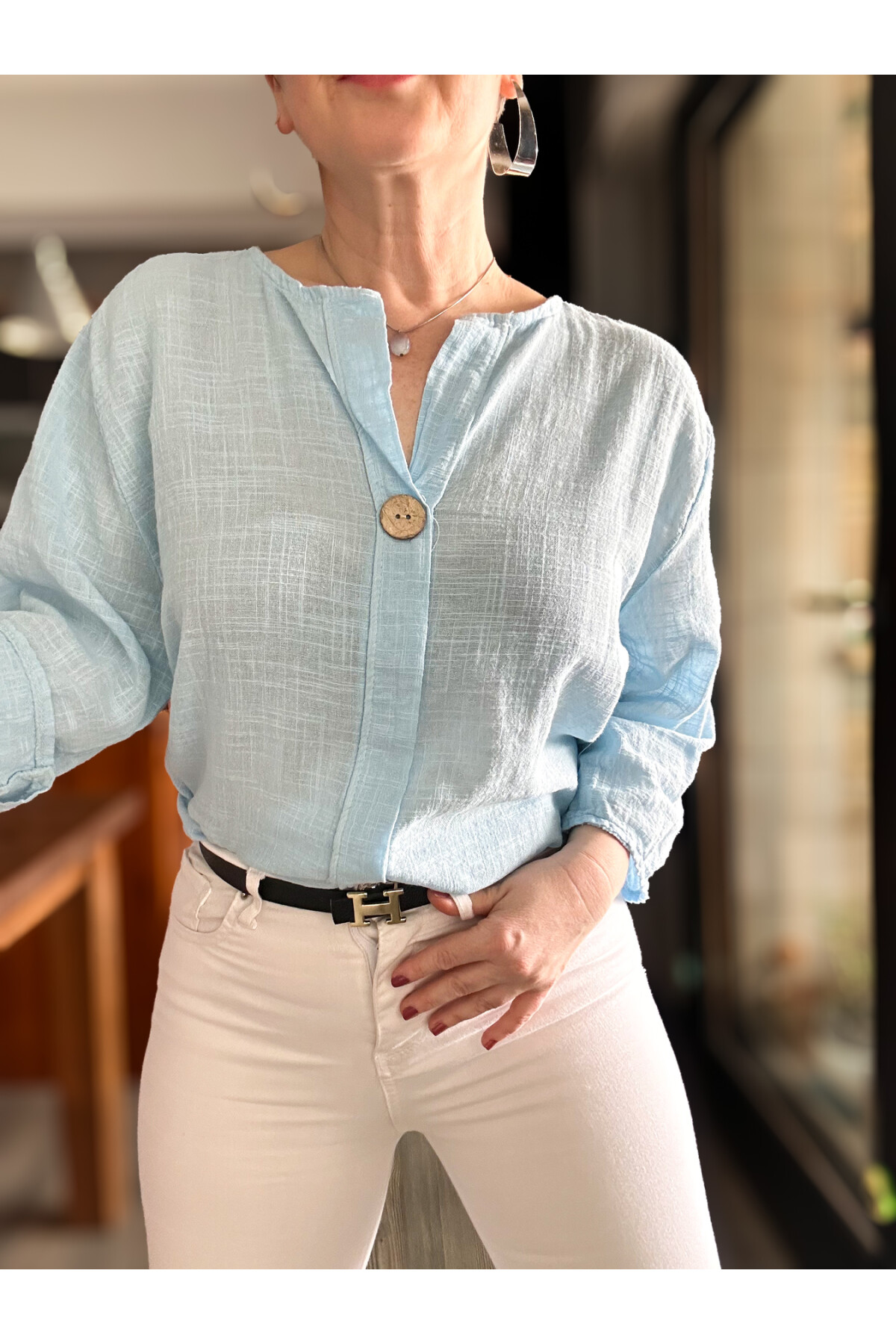 Peppino İtalyan Tahta Düğme Detay Bluz Bebe Mavi