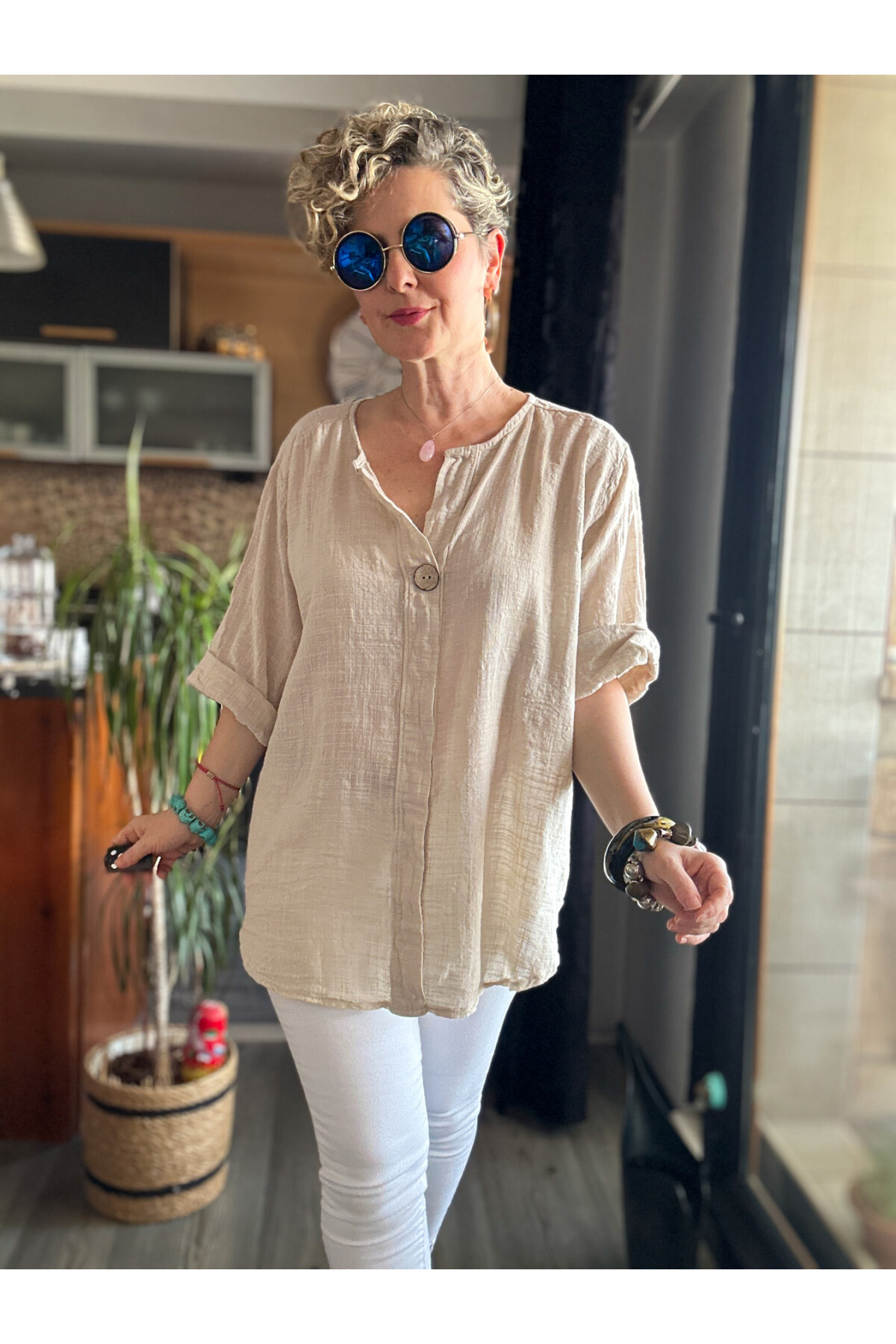 Peppino İtalyan Tahta Düğme Detay Bluz Bej