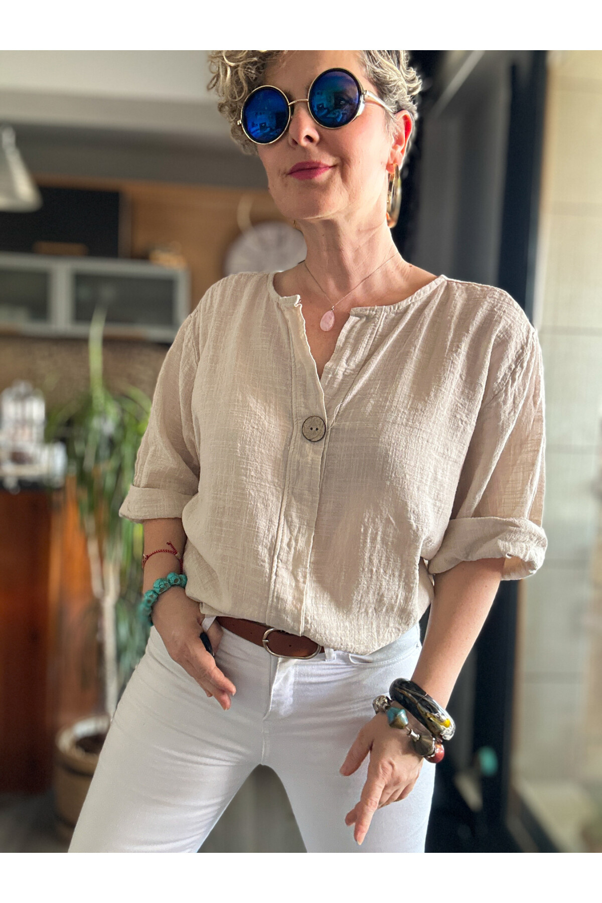 Peppino İtalyan Tahta Düğme Detay Bluz Bej