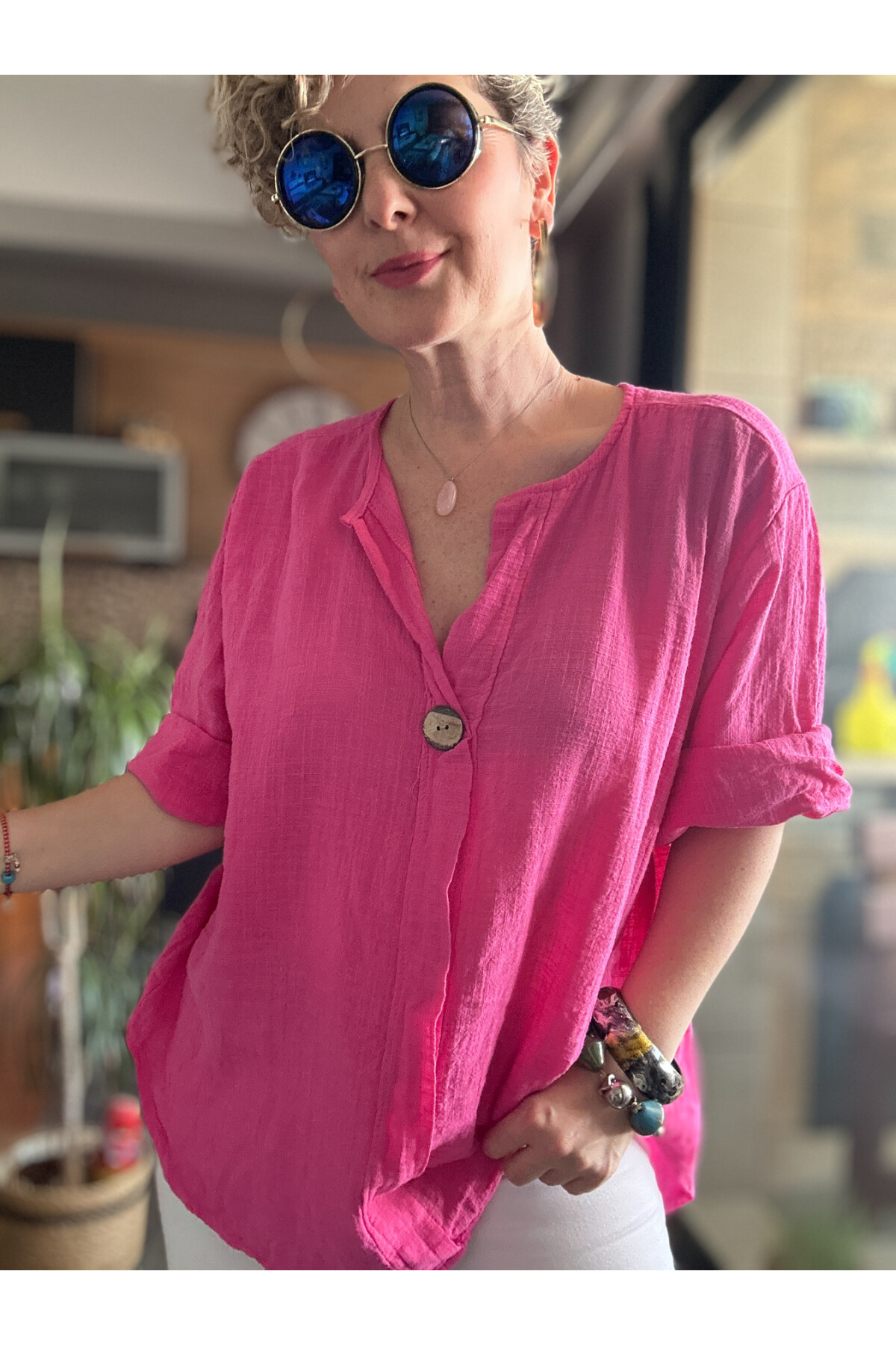 Peppino İtalyan Tahta Düğme Detay Bluz Fuşya