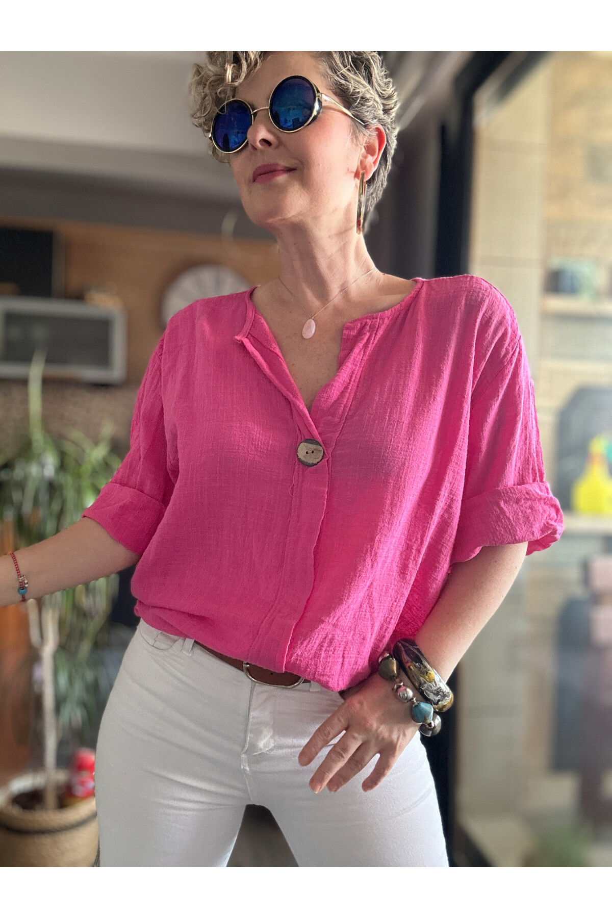 Peppino İtalyan Tahta Düğme Detay Bluz Fuşya