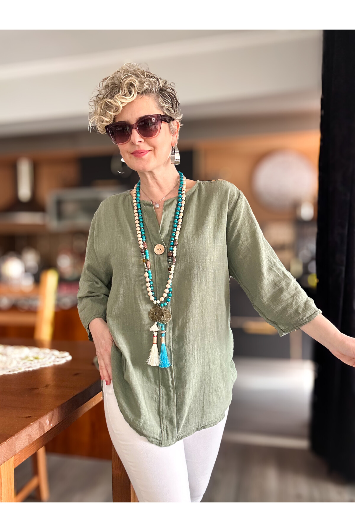 Peppino İtalyan Tahta Düğme Detay Bluz Haki