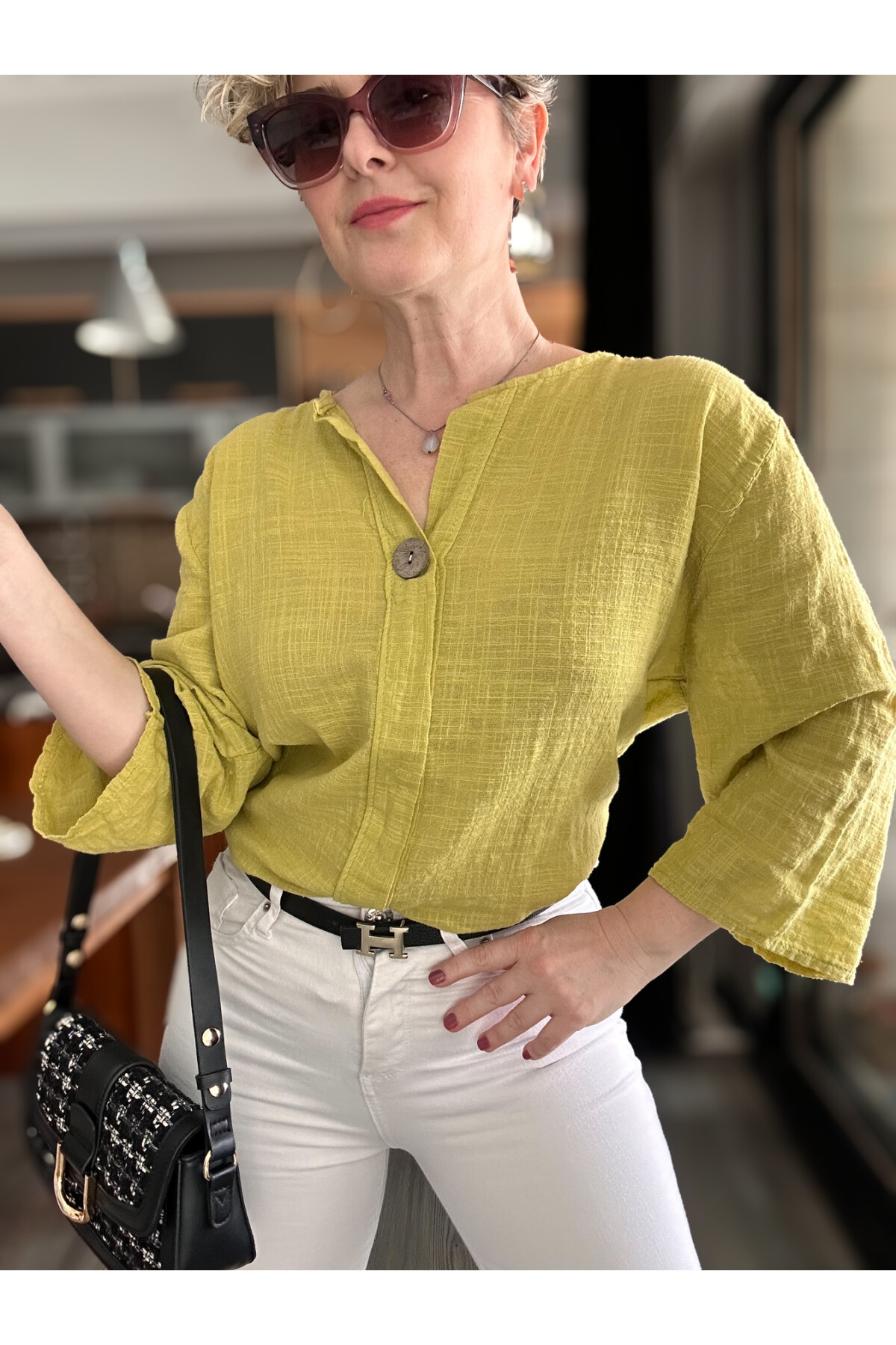 Peppino İtalyan Tahta Düğme Detay Bluz Hardal