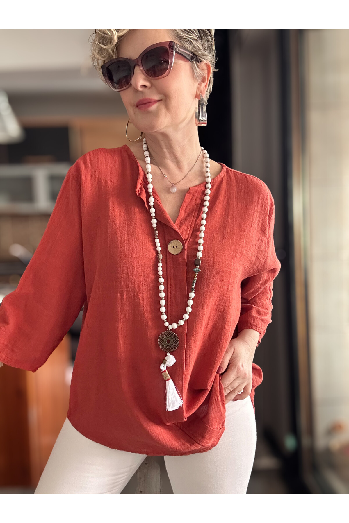 Peppino İtalyan Tahta Düğme Detay Bluz Kiremit