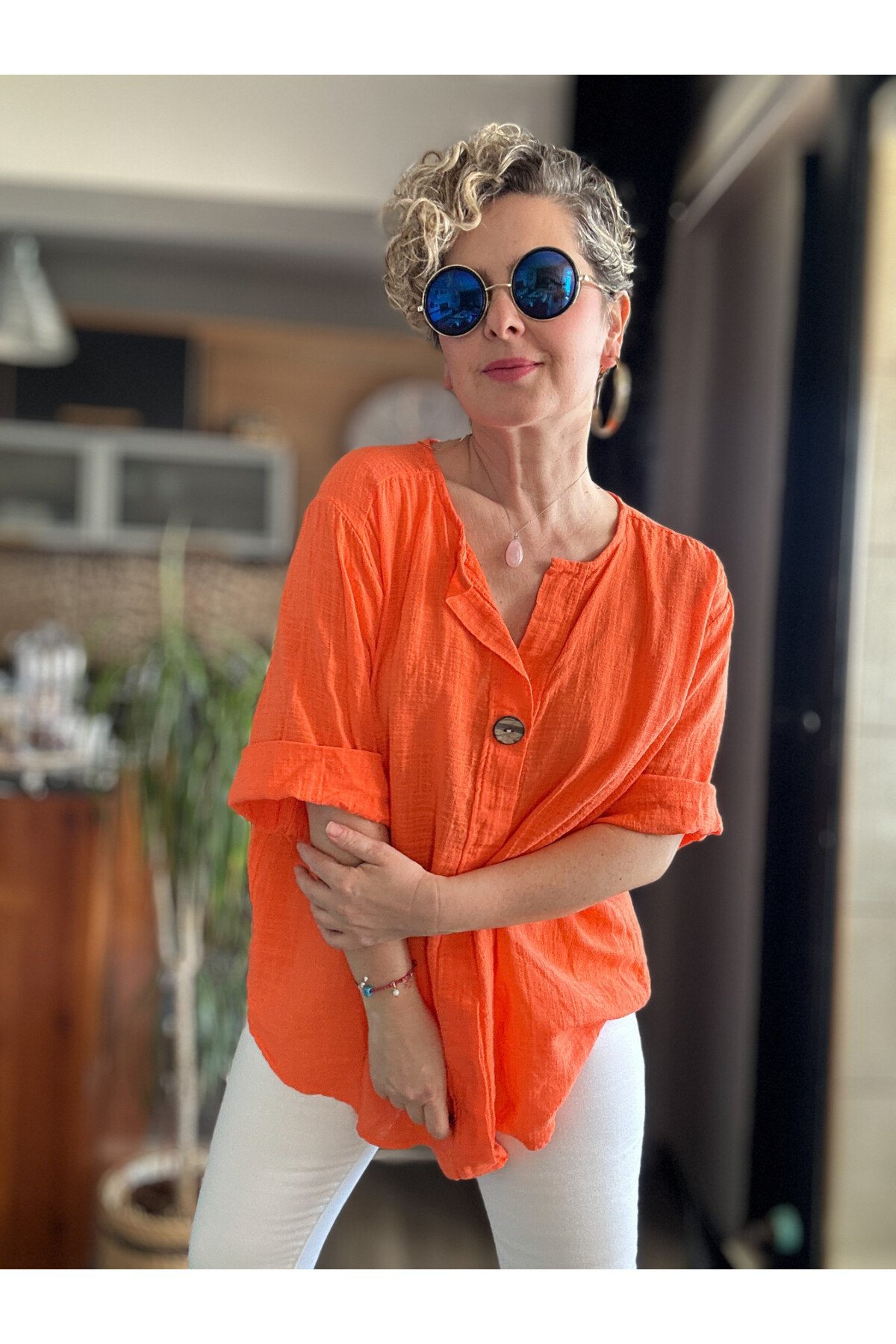 Peppino İtalyan Tahta Düğme Detay Bluz Orange