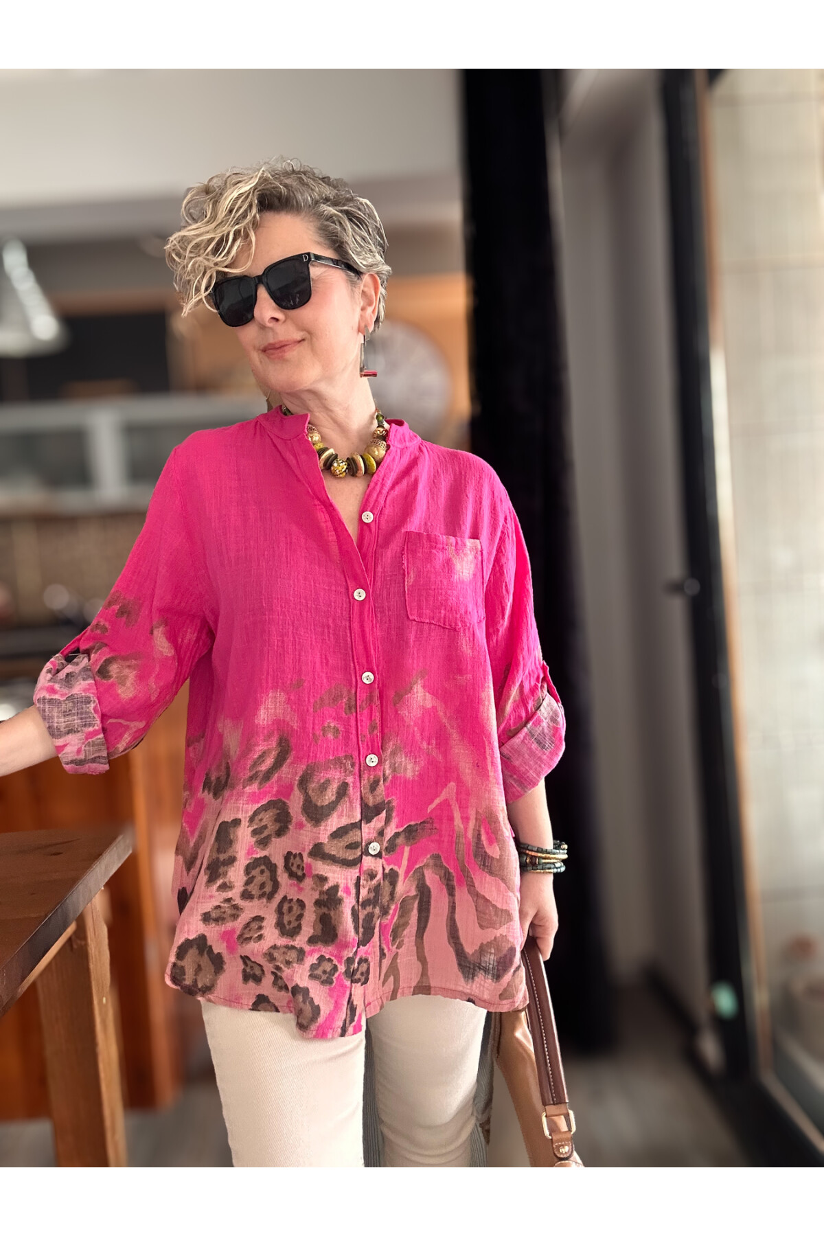 Pezzi VİP Leopar Desen İtalyan Gömlek Fuşya