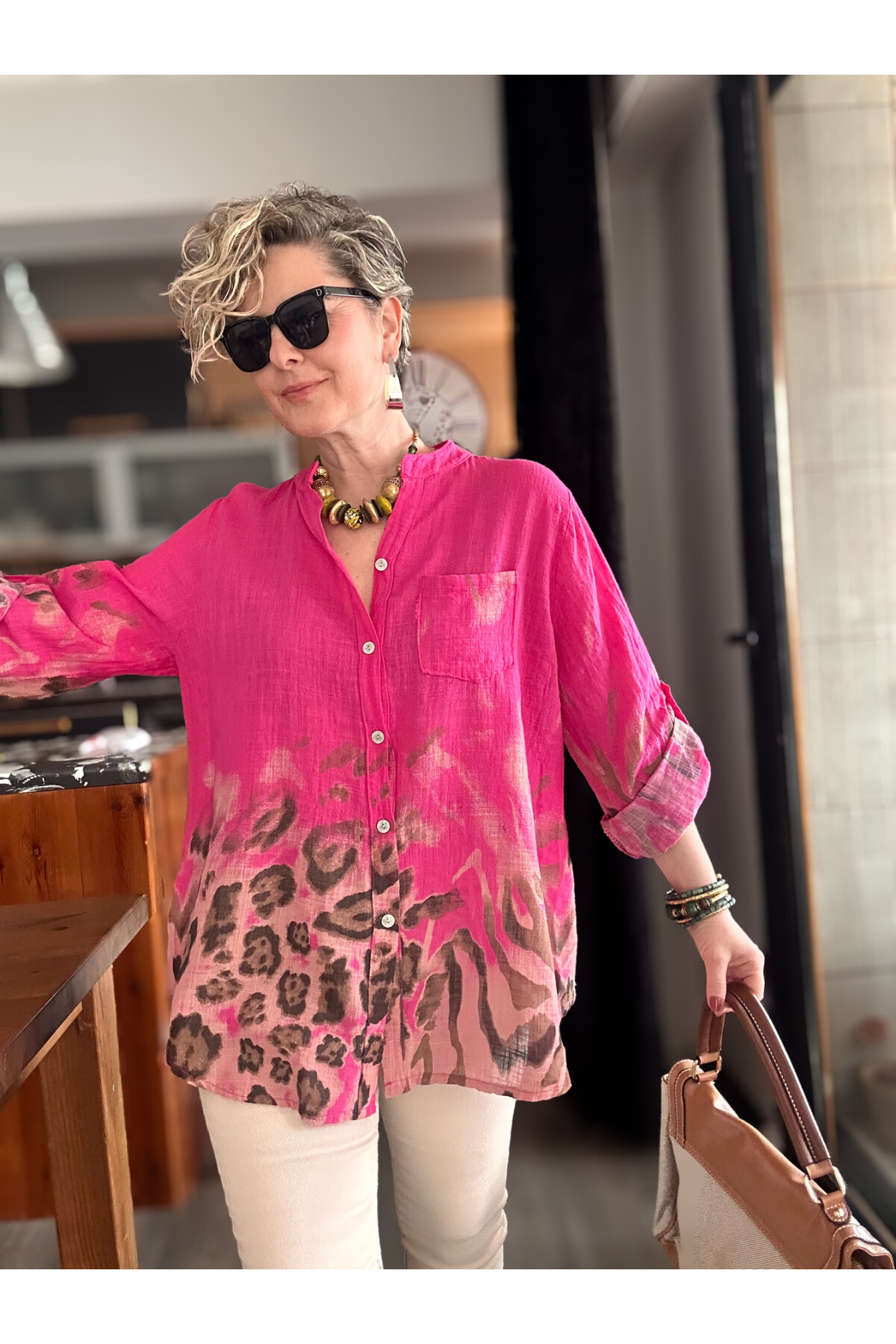 Pezzi VİP Leopar Desen İtalyan Gömlek Fuşya