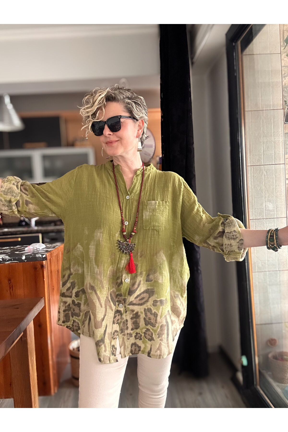 Pezzi VİP Leopar Desen İtalyan Gömlek Yağ Yeşil