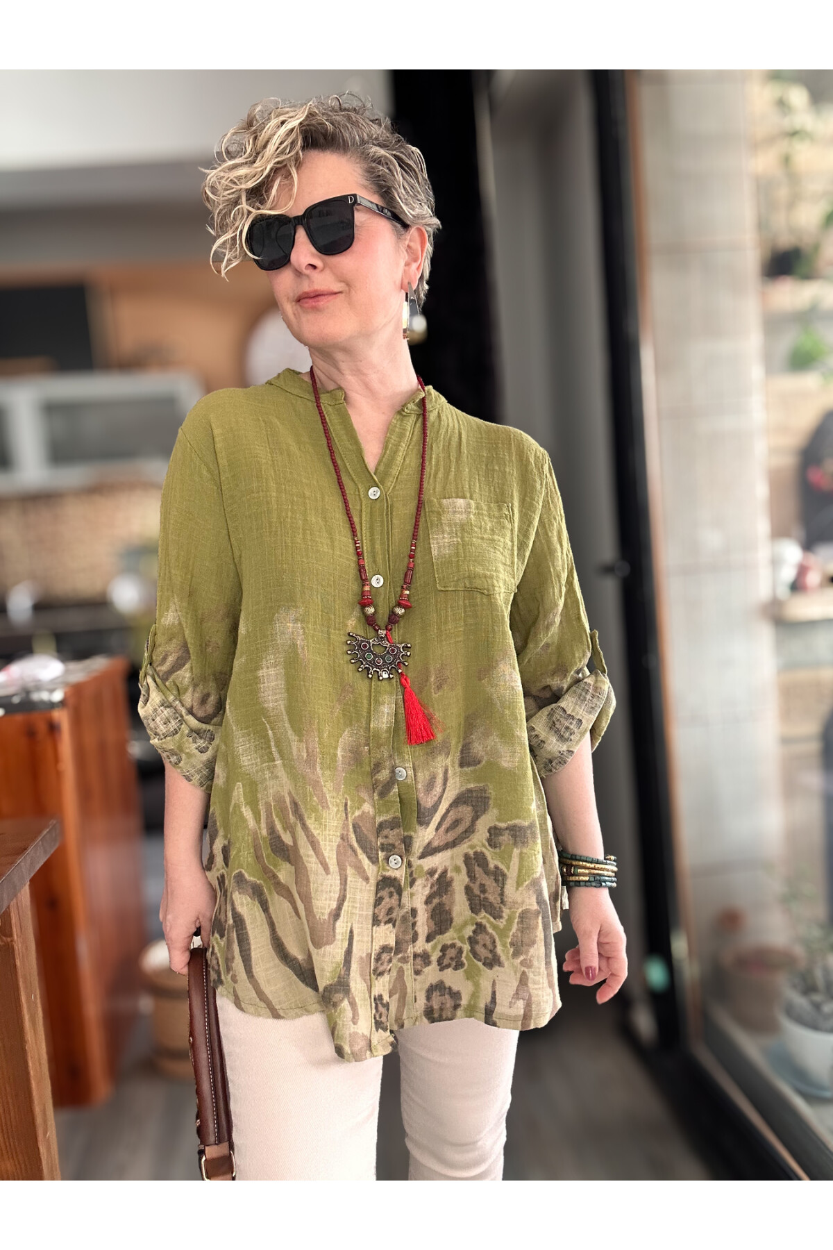 Pezzi VİP Leopar Desen İtalyan Gömlek Yağ Yeşil