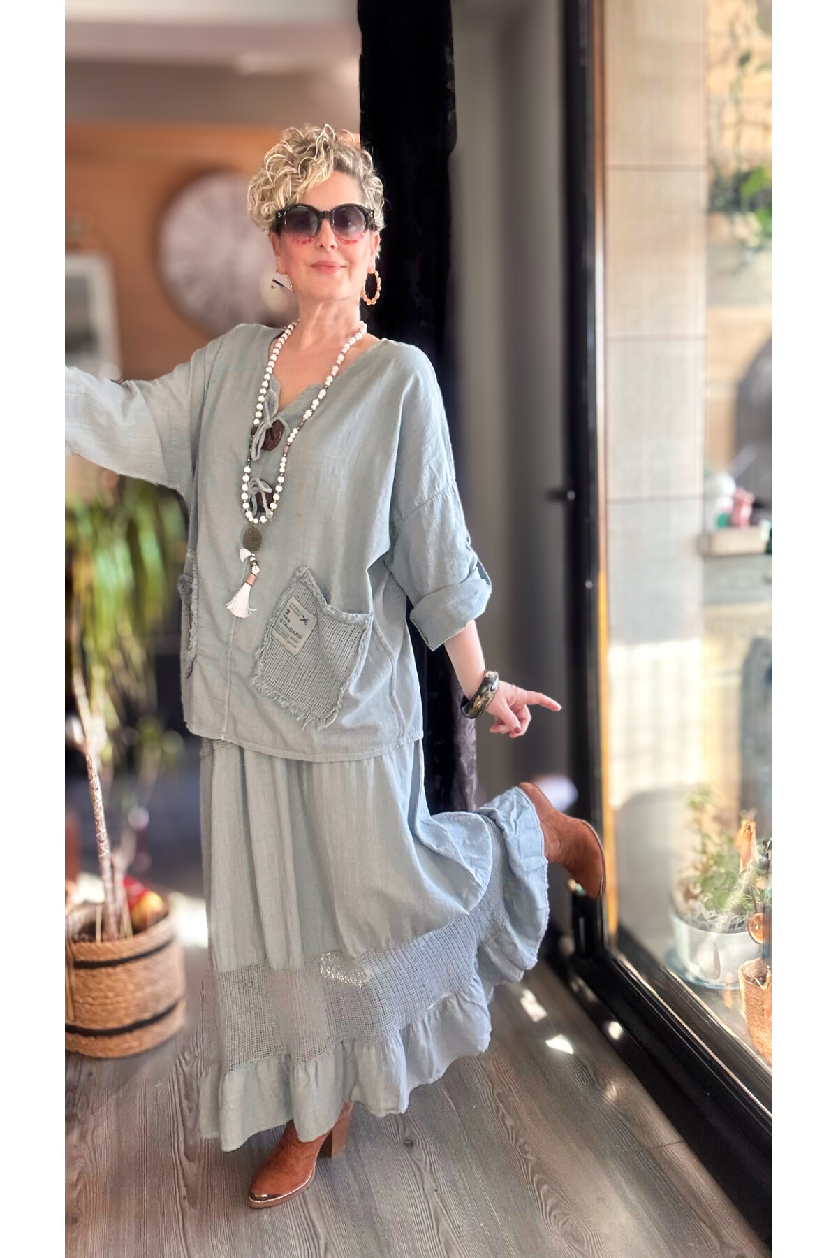 Pronto Vip Tasarım File Detay Etek Bluz Takım Gri