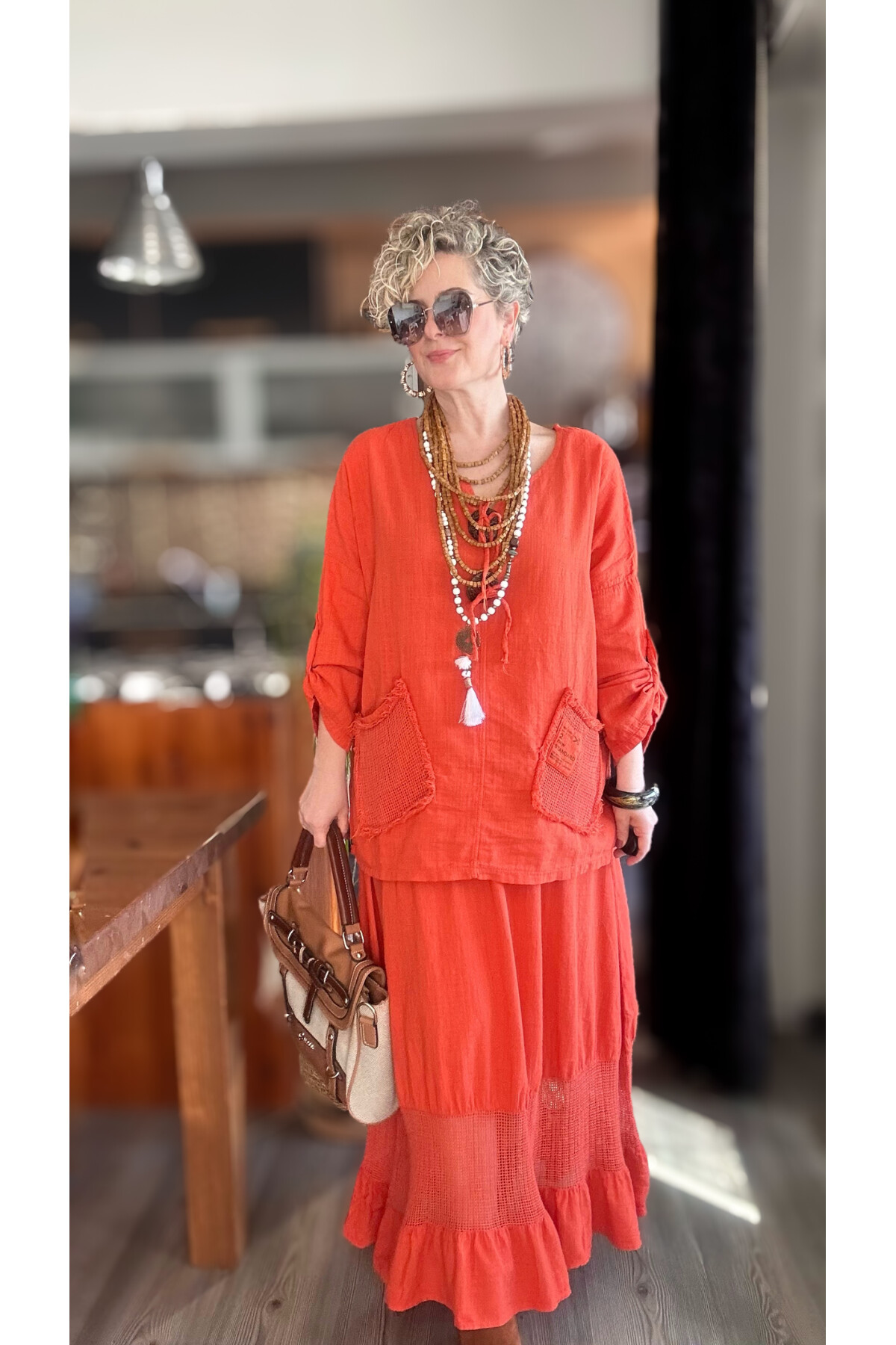 Pronto Vip Tasarım File Detay Etek Bluz Takım Kiremit