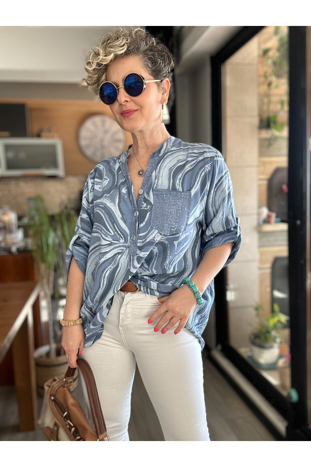 Racca Pul Detay İtalyan Batik Zambak Desen Gömlek Mavi