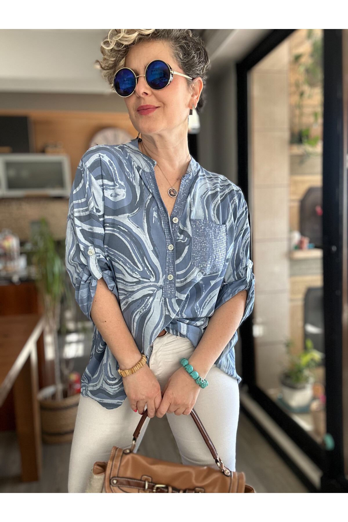 Racca Pul Detay İtalyan Batik Zambak Desen Gömlek Mavi