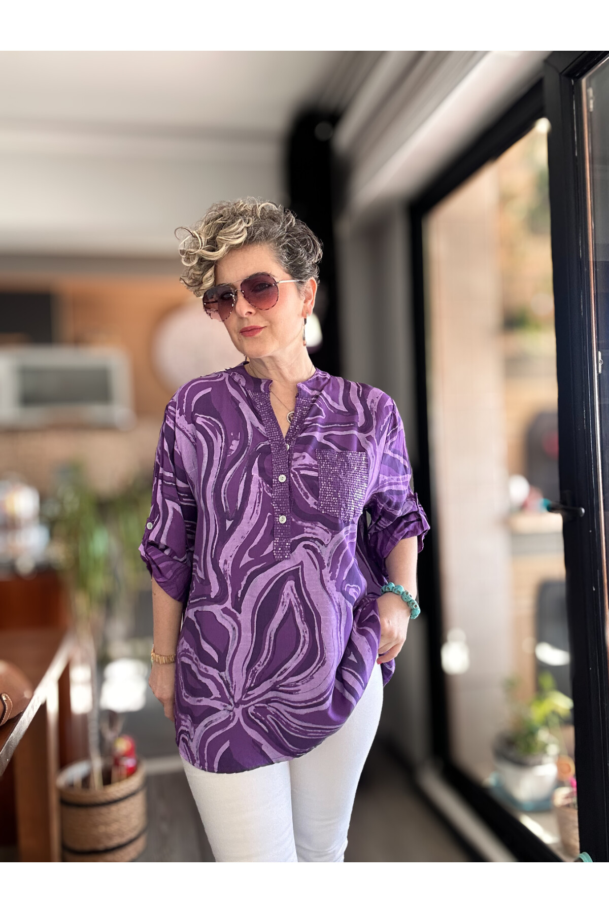 Racca Pul Detay İtalyan Batik Zambak Desen Gömlek Mor