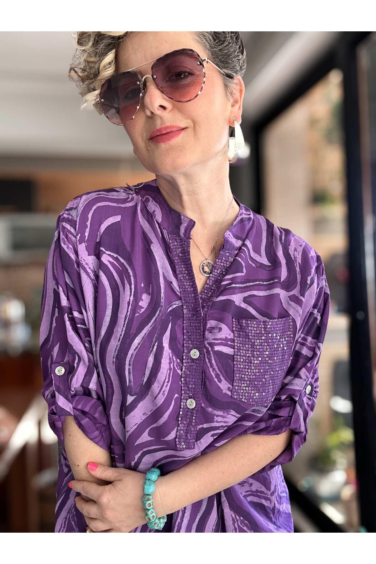 Racca Pul Detay İtalyan Batik Zambak Desen Gömlek Mor