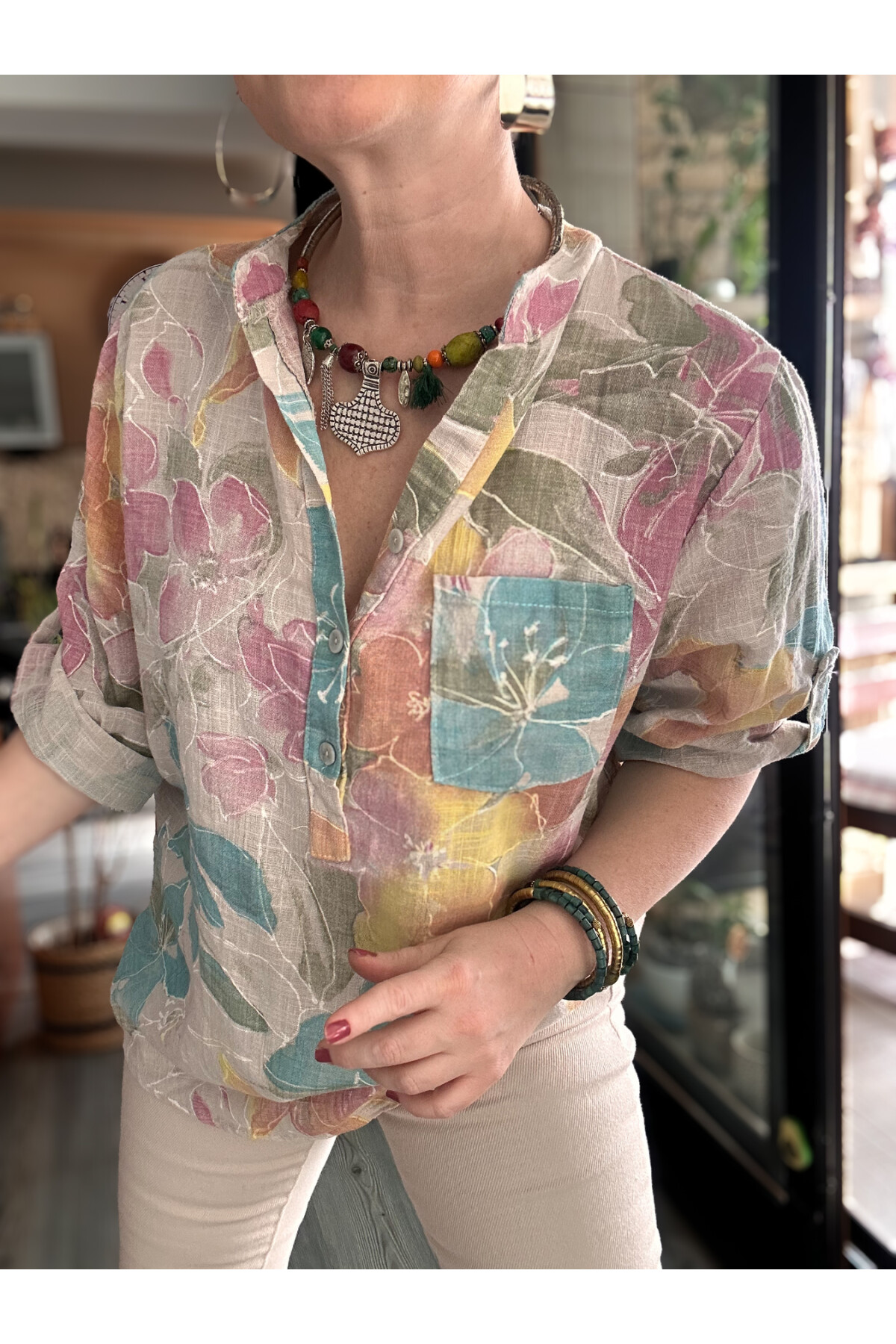 Ragazza Yaprak Desen İtalyan Gömlek Bej