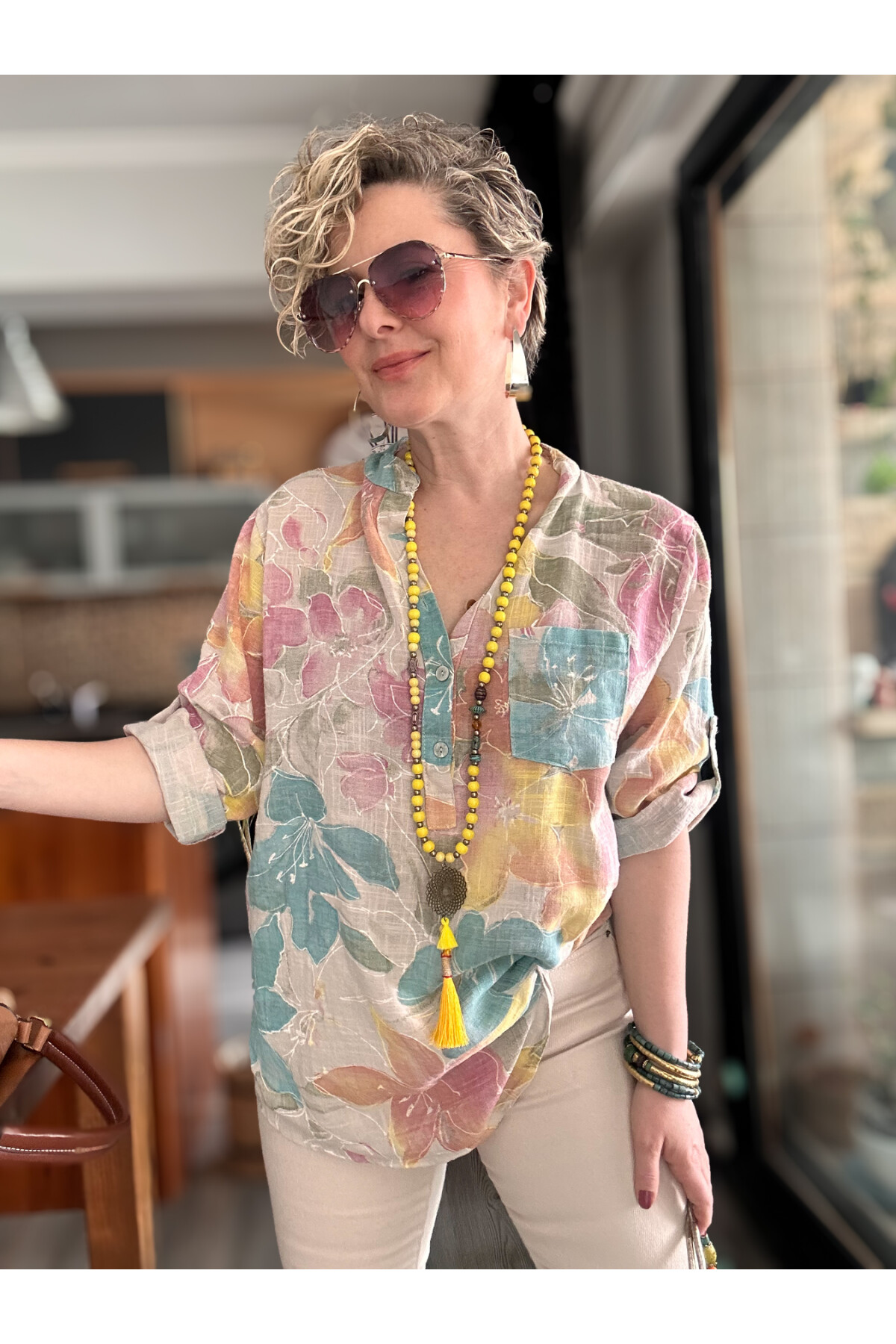 Ragazza Yaprak Desen İtalyan Gömlek Bej