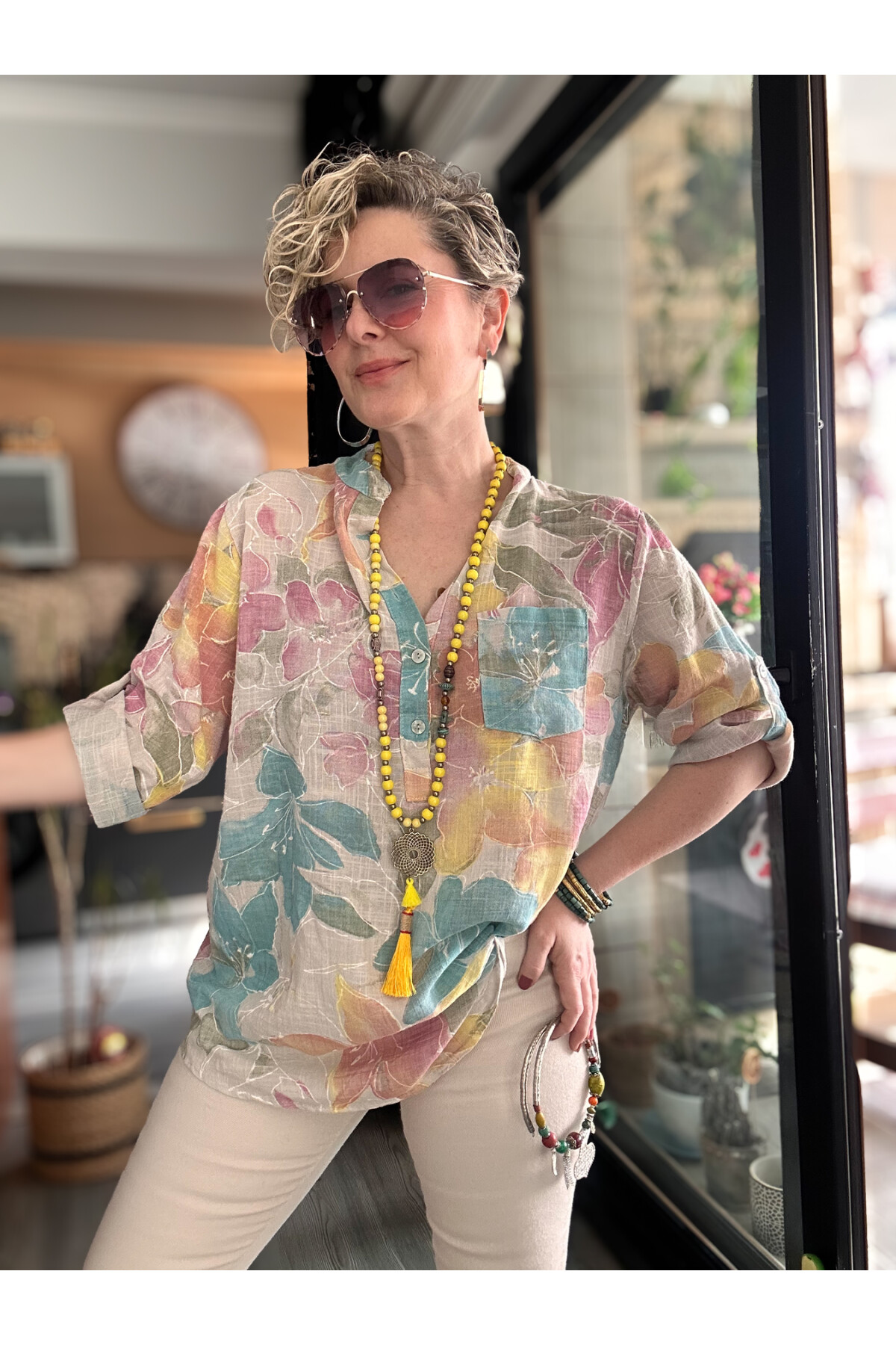 Ragazza Yaprak Desen İtalyan Gömlek Bej