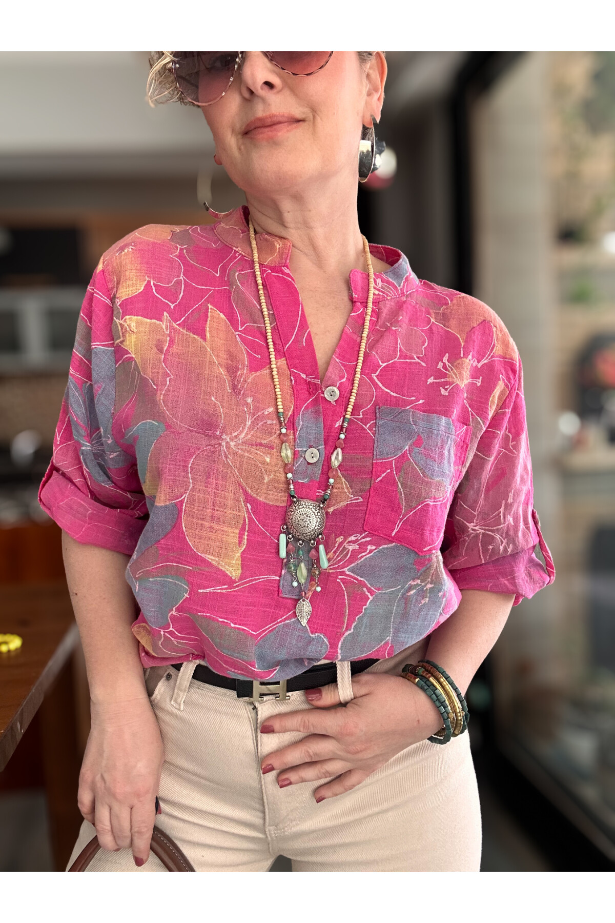 Ragazza Yaprak Desen İtalyan Gömlek Fuşya