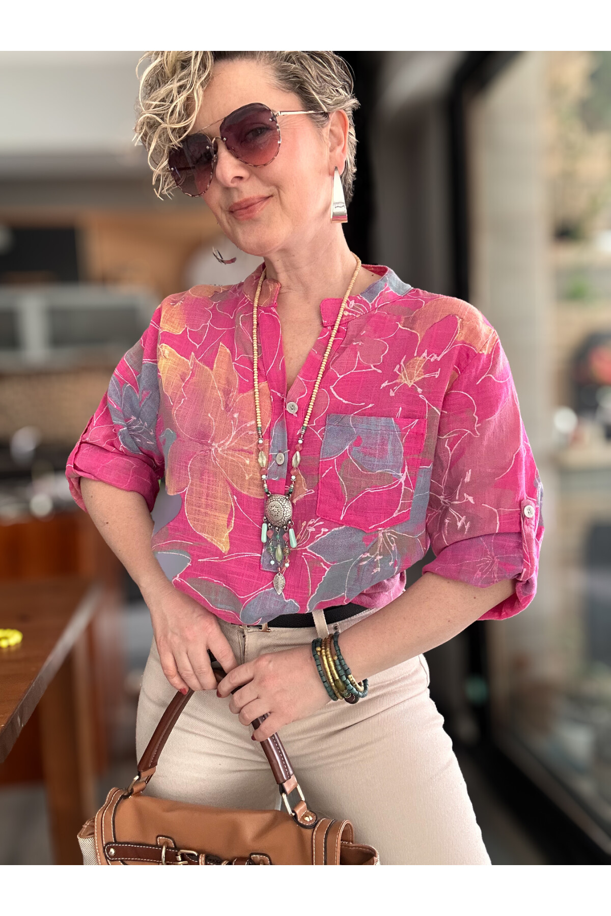 Ragazza Yaprak Desen İtalyan Gömlek Fuşya