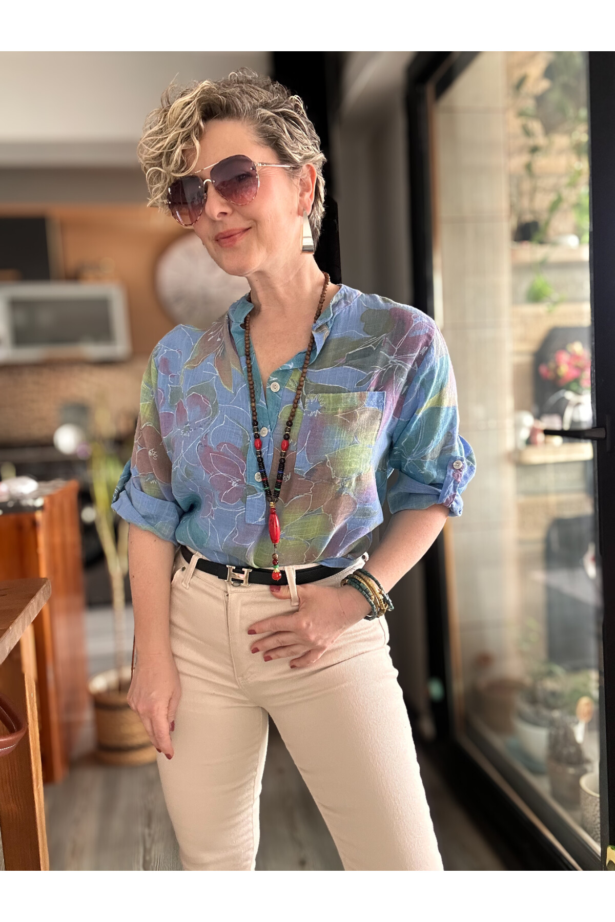 Ragazza Yaprak Desen İtalyan Gömlek İndigo