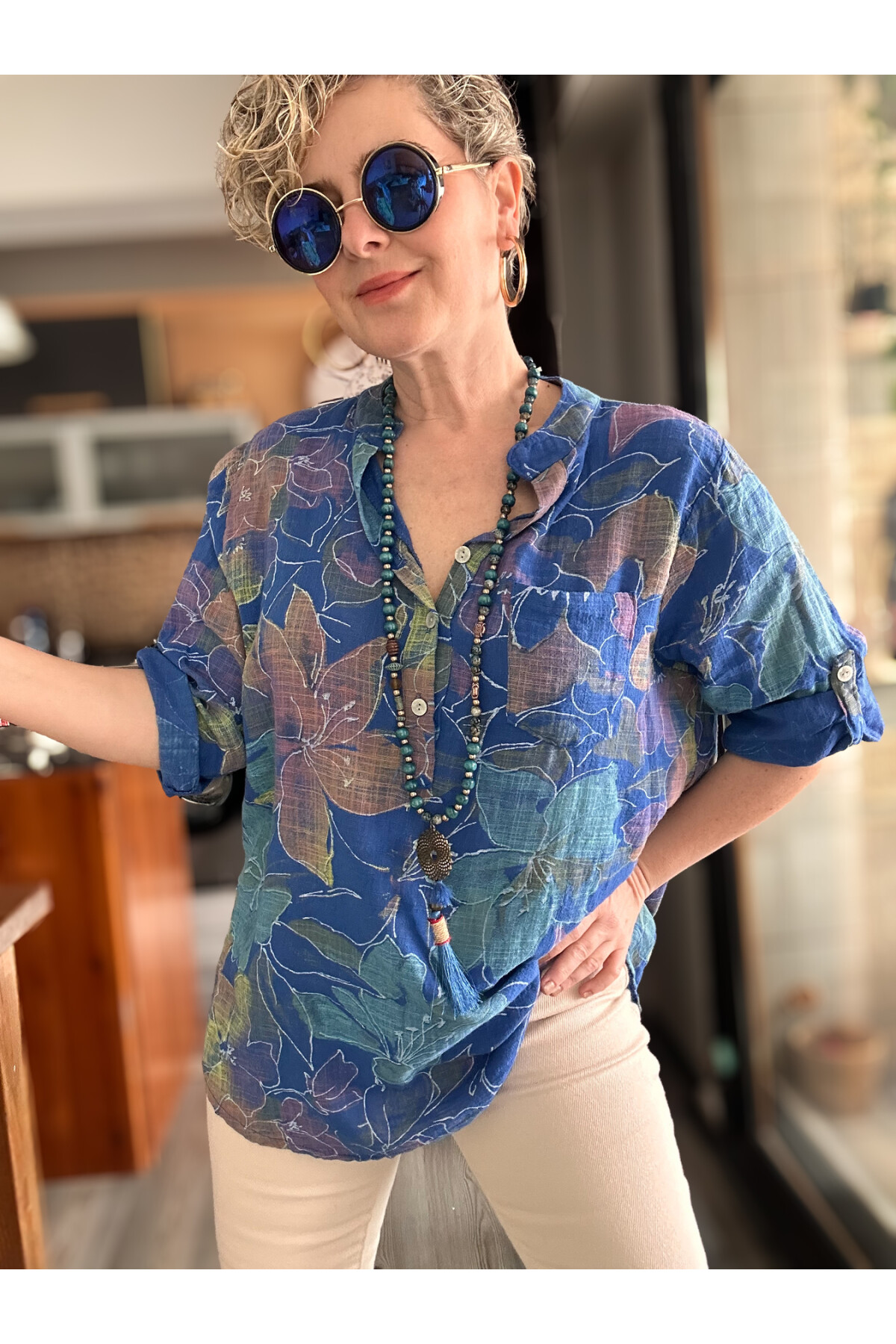 Ragazza Yaprak Desen İtalyan Gömlek Sax