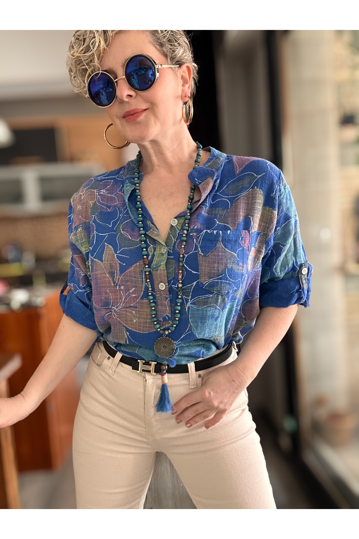 Ragazza Yaprak Desen İtalyan Gömlek Sax