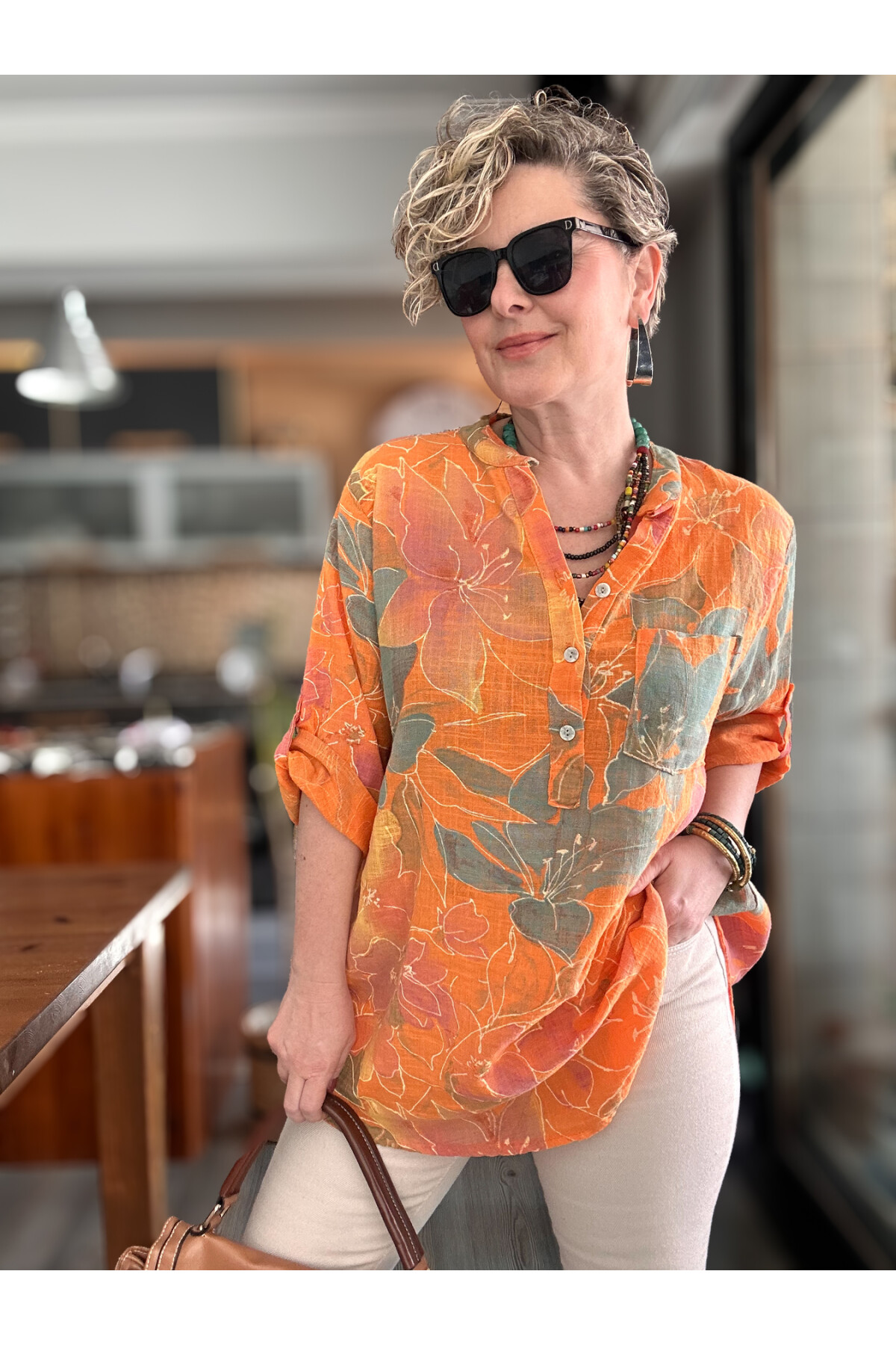 Ragazza Yaprak Desen İtalyan Gömlek Turuncu