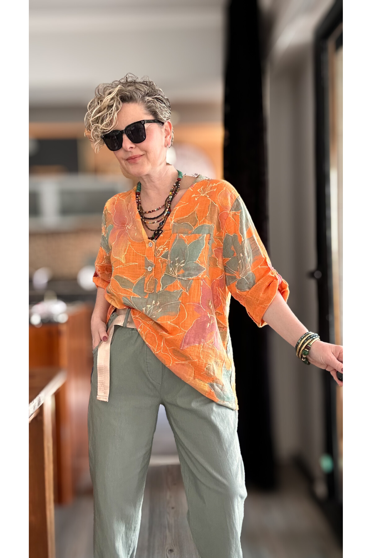 Ragazza Yaprak Desen İtalyan Gömlek Turuncu