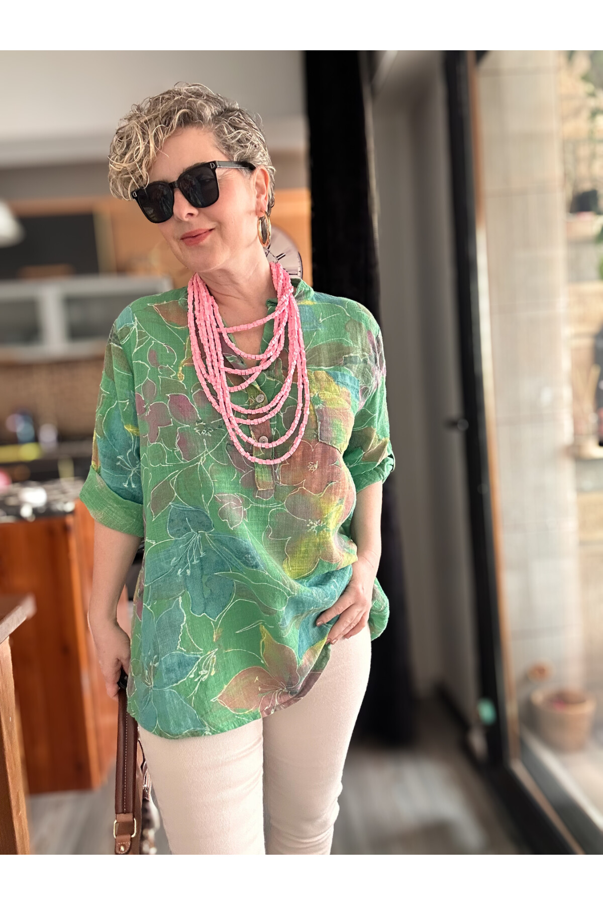 Ragazza Yaprak Desen İtalyan Gömlek Yeşil