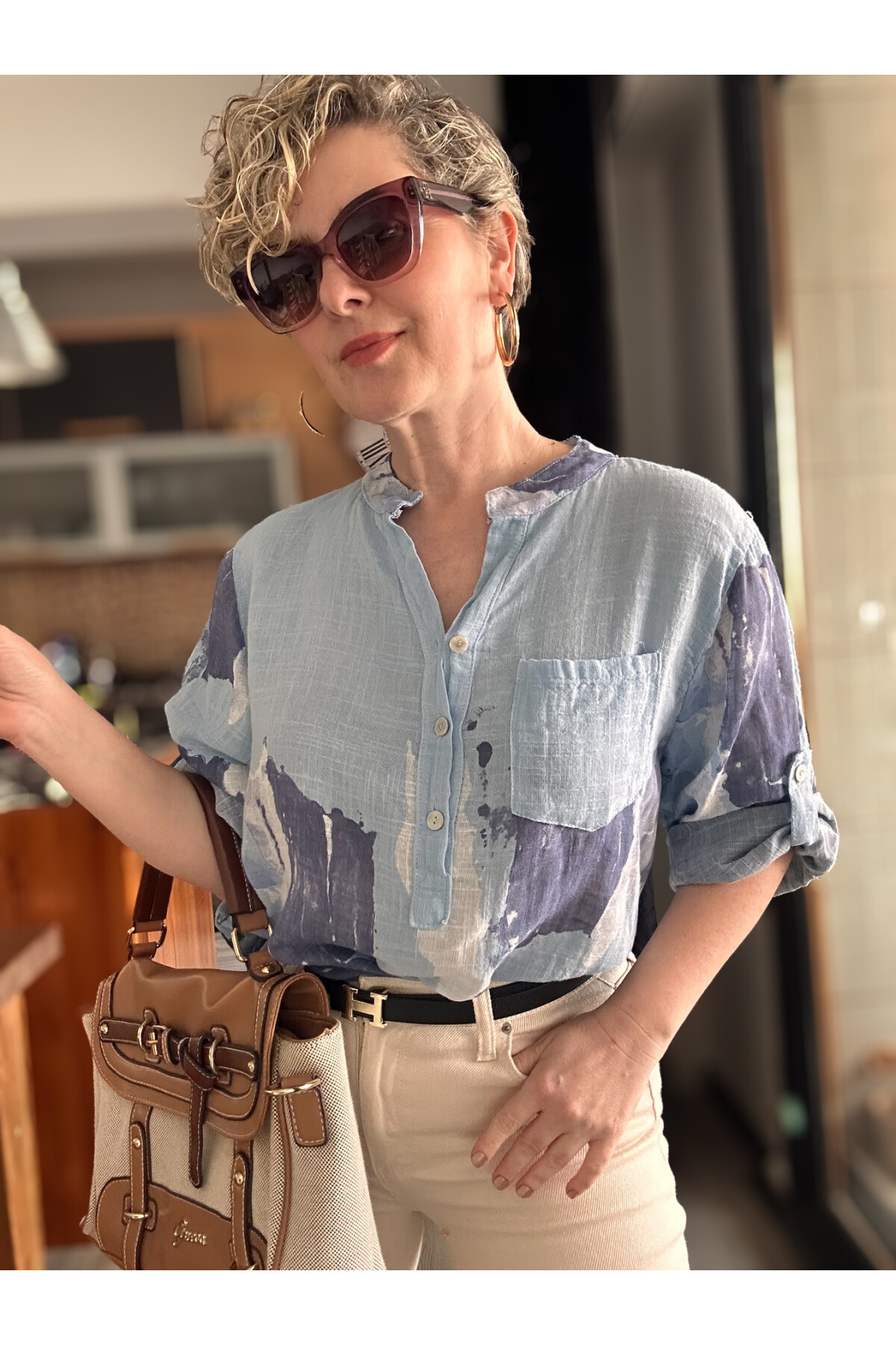 Randa Yaprak Desen İtalyan Gömlek Mavi