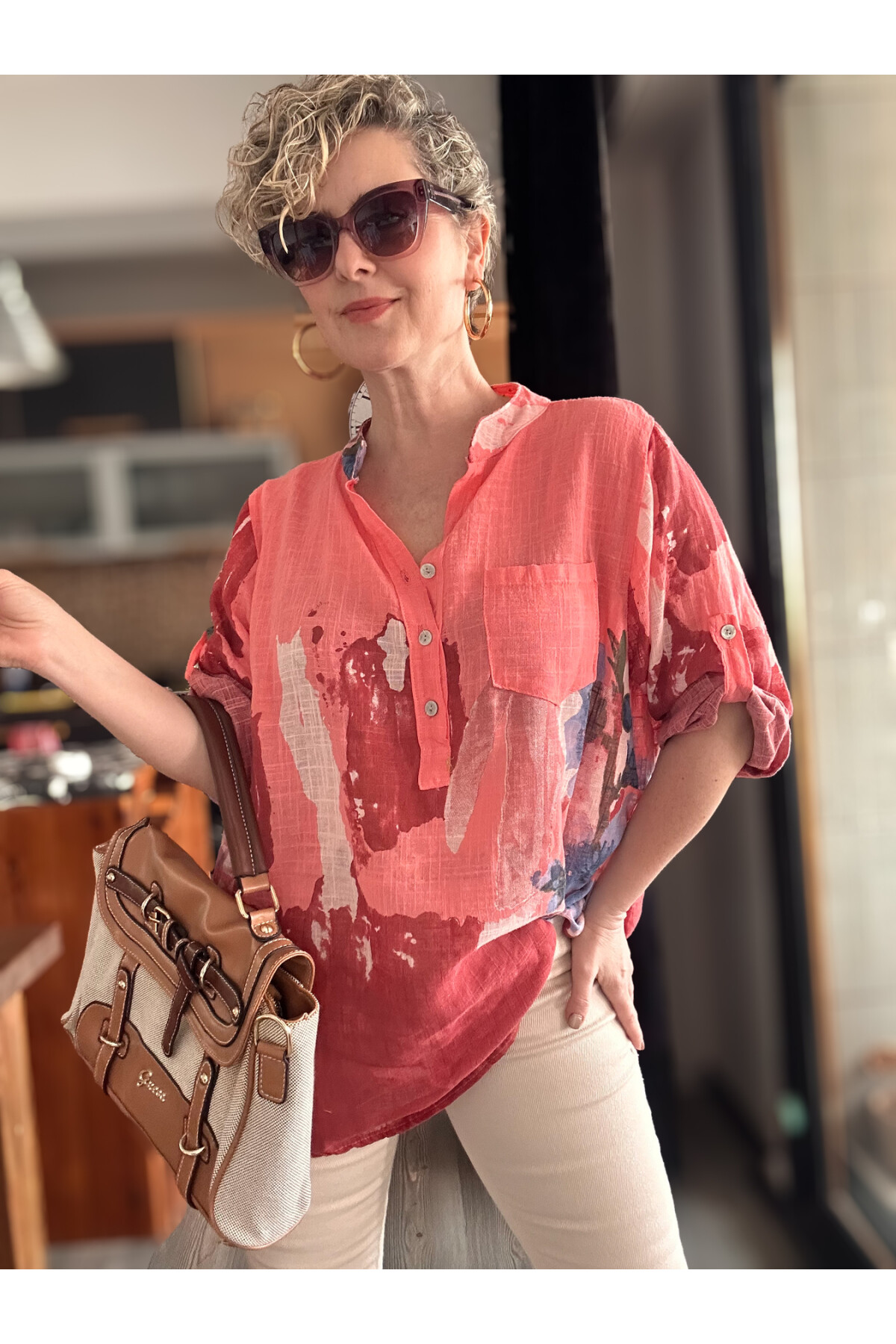 Randa Yaprak Desen İtalyan Gömlek Mercan