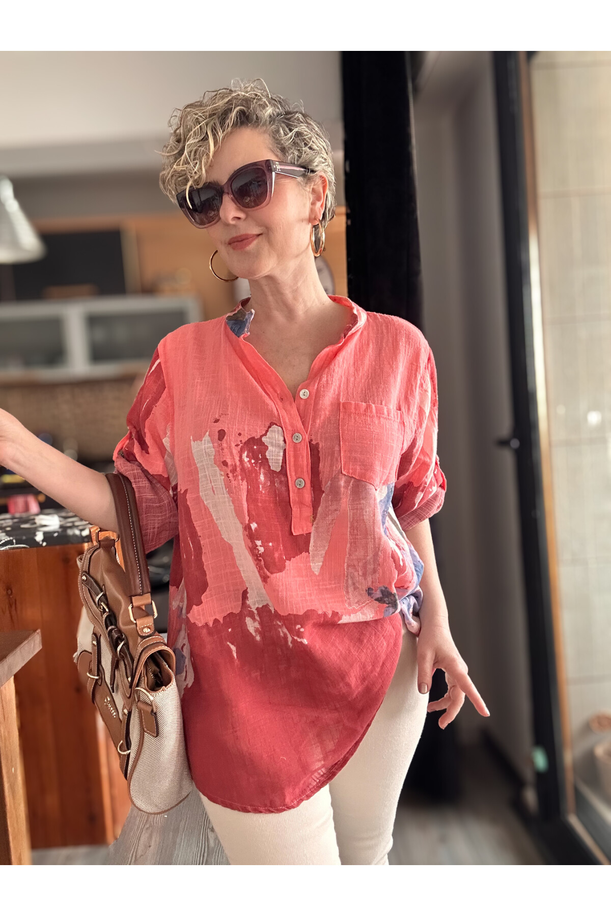 Randa Yaprak Desen İtalyan Gömlek Mercan