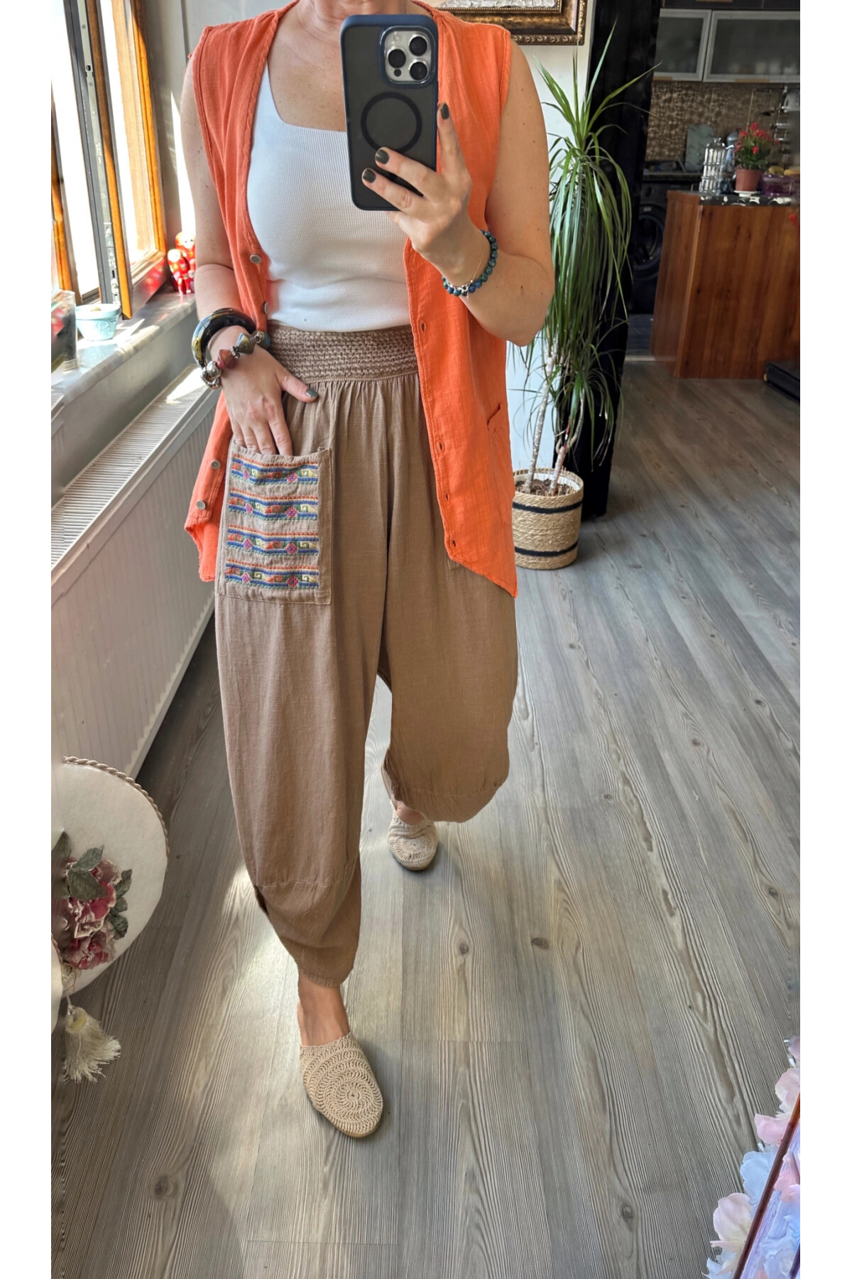 Ranna Cep Nakış Detay V Paça Pantolon Kahve