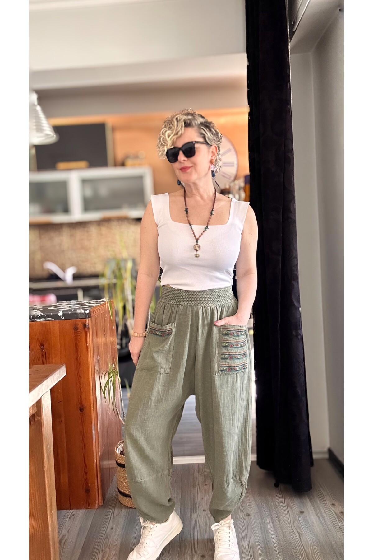 Ranna Cep Nakış Detay V Paça Pantolon Haki