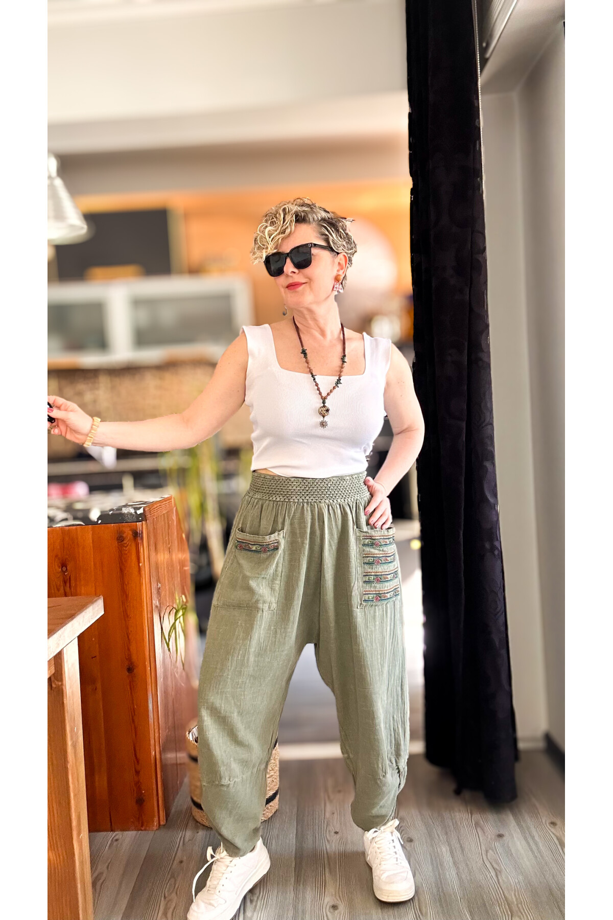 Ranna Cep Nakış Detay V Paça Pantolon Haki