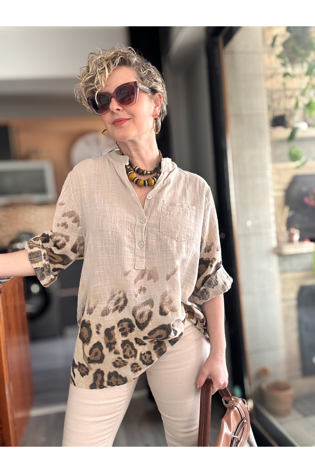 Rassi Leopar Desen İtalyan Gömlek Bej