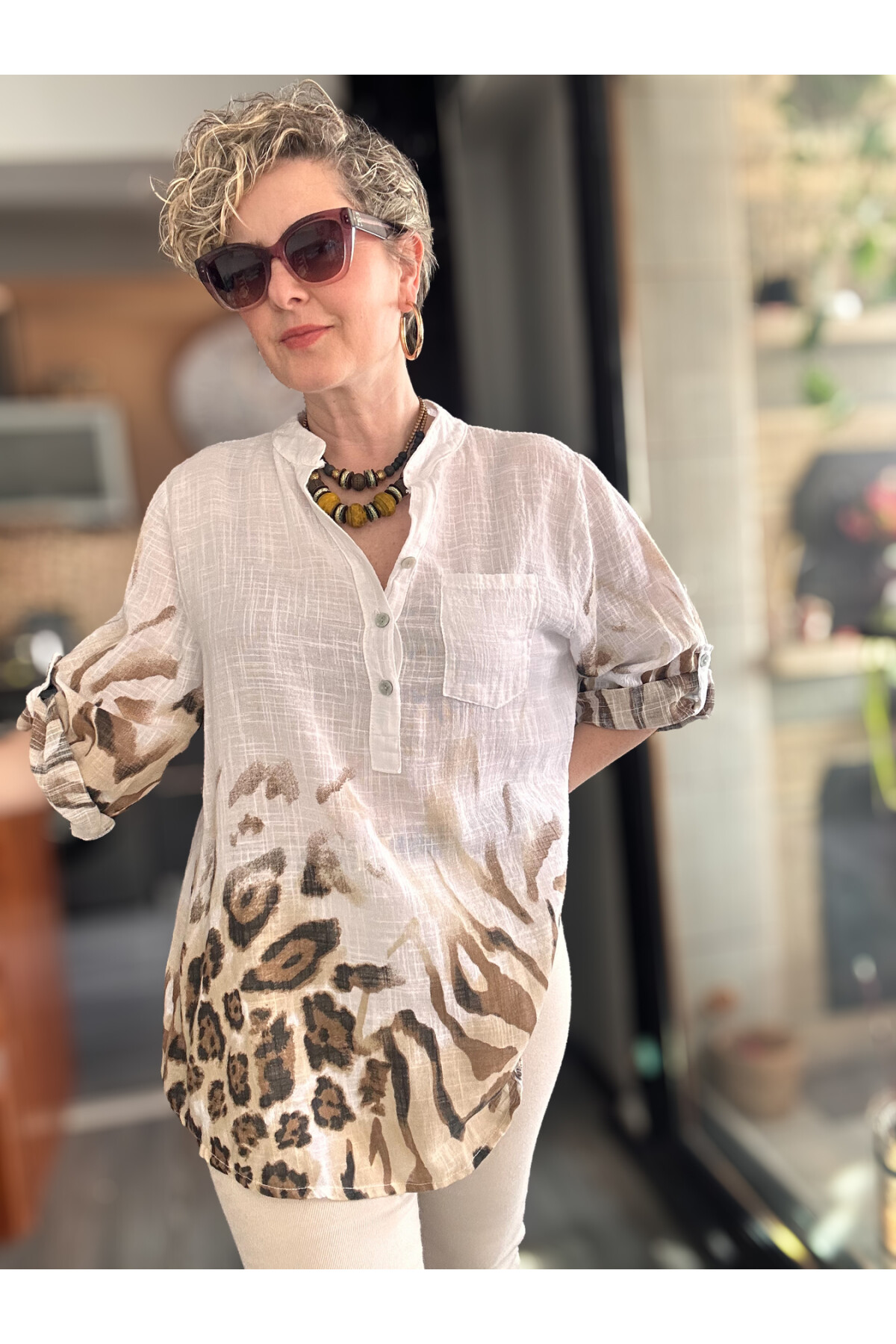 Rassi Leopar Desen İtalyan Gömlek Beyaz