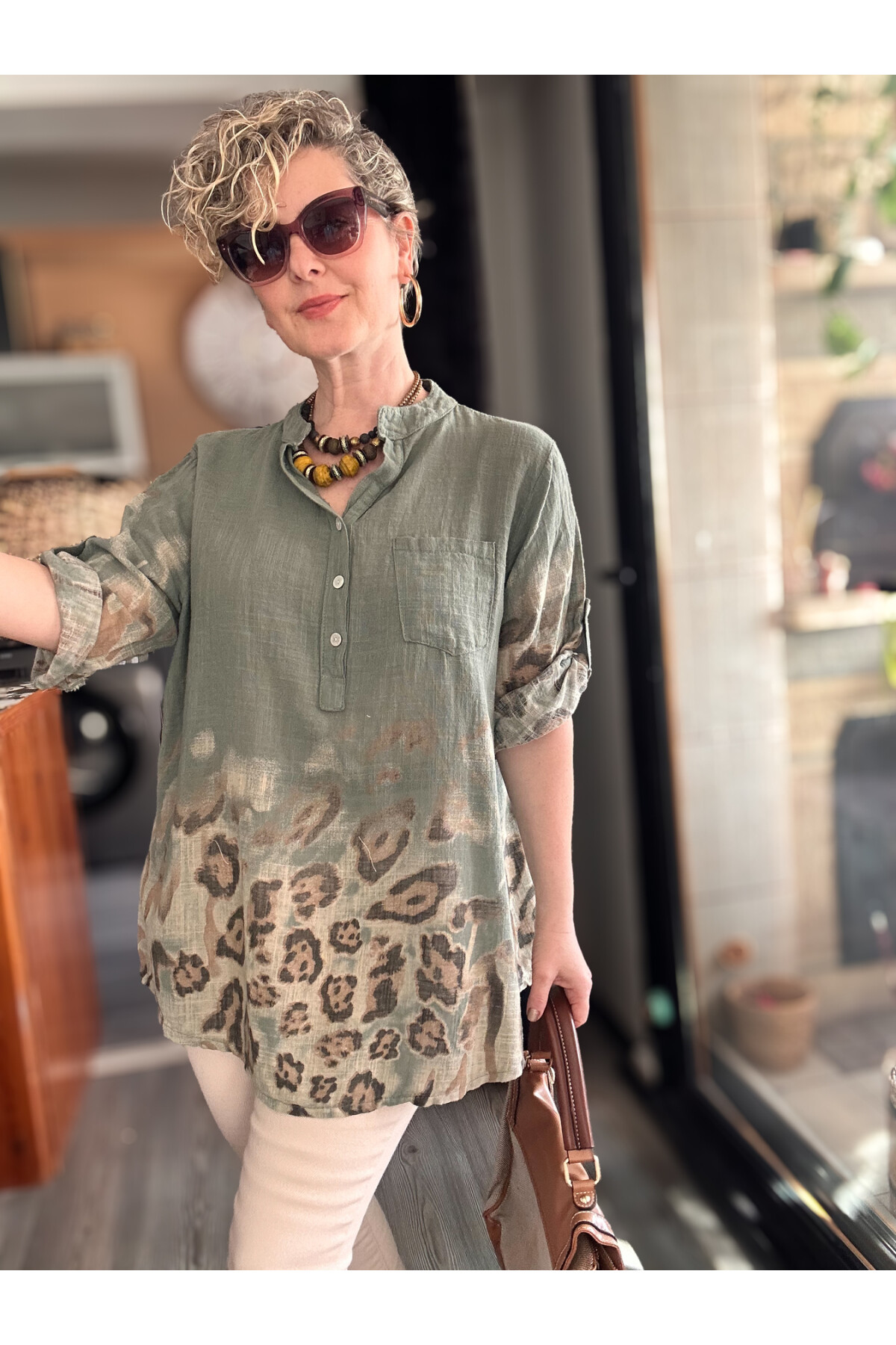 Rassi Leopar Desen İtalyan Gömlek Haki