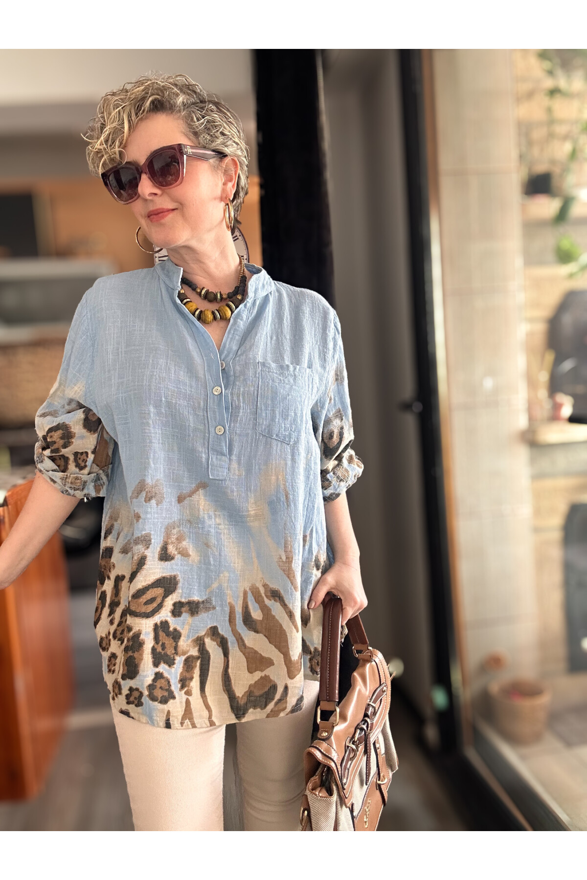 Rassi Leopar Desen İtalyan Gömlek Mavi