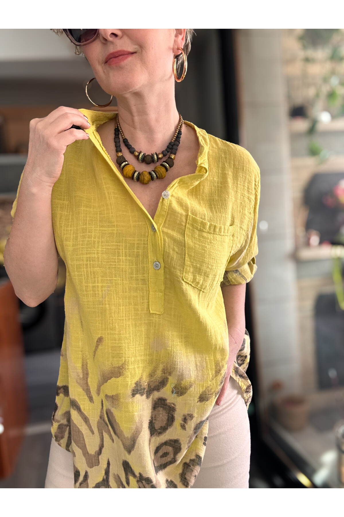 Rassi Leopar Desen İtalyan Gömlek Sarı