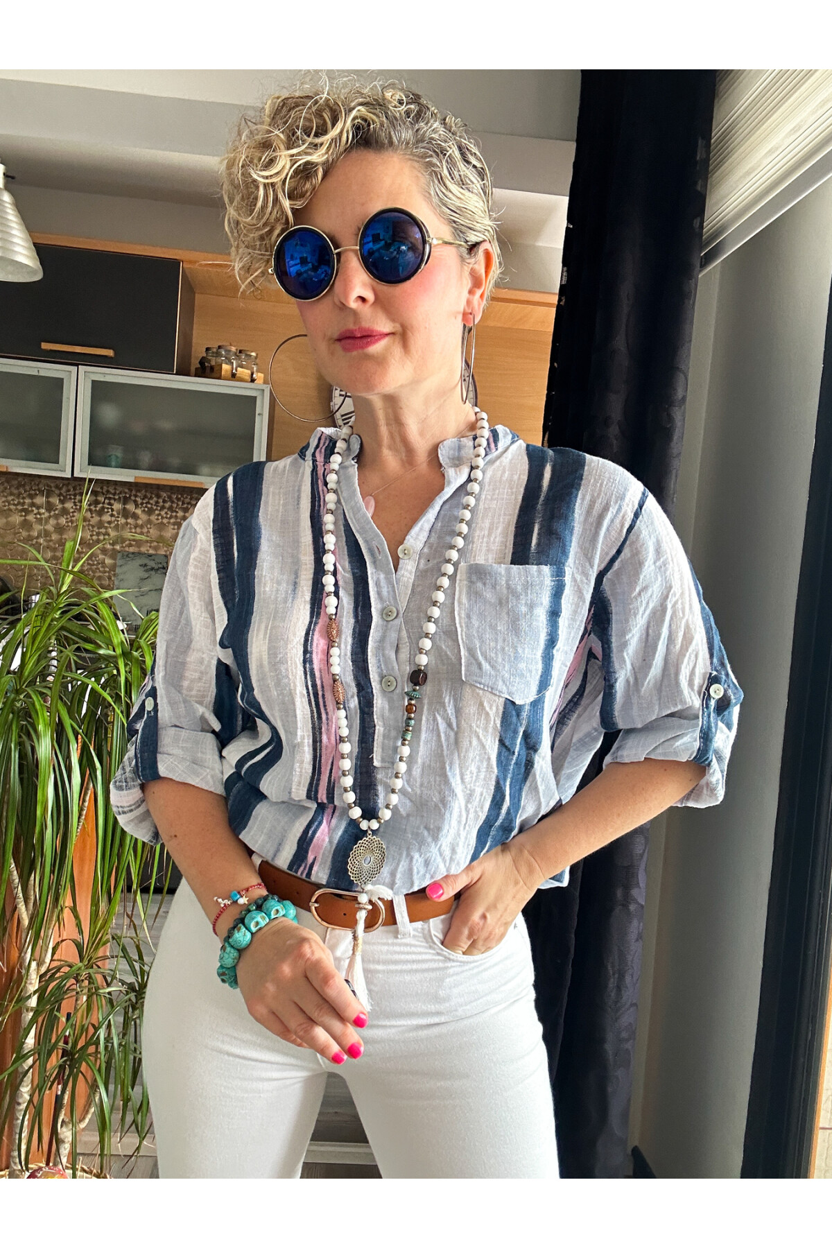 Razza Batik Çizgi Desen İtalyan Gömlek Beyaz