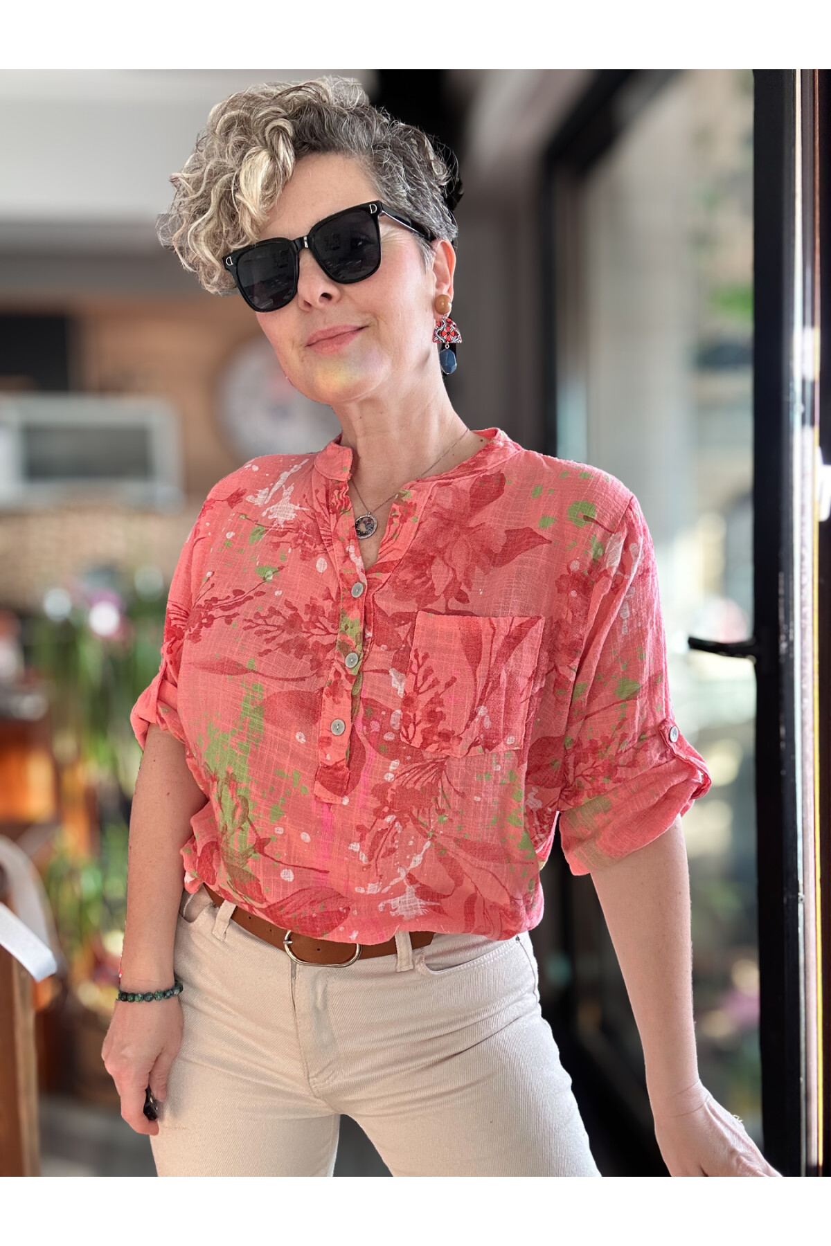 Regni Splash Desen İtalyan Gömlek Mercan