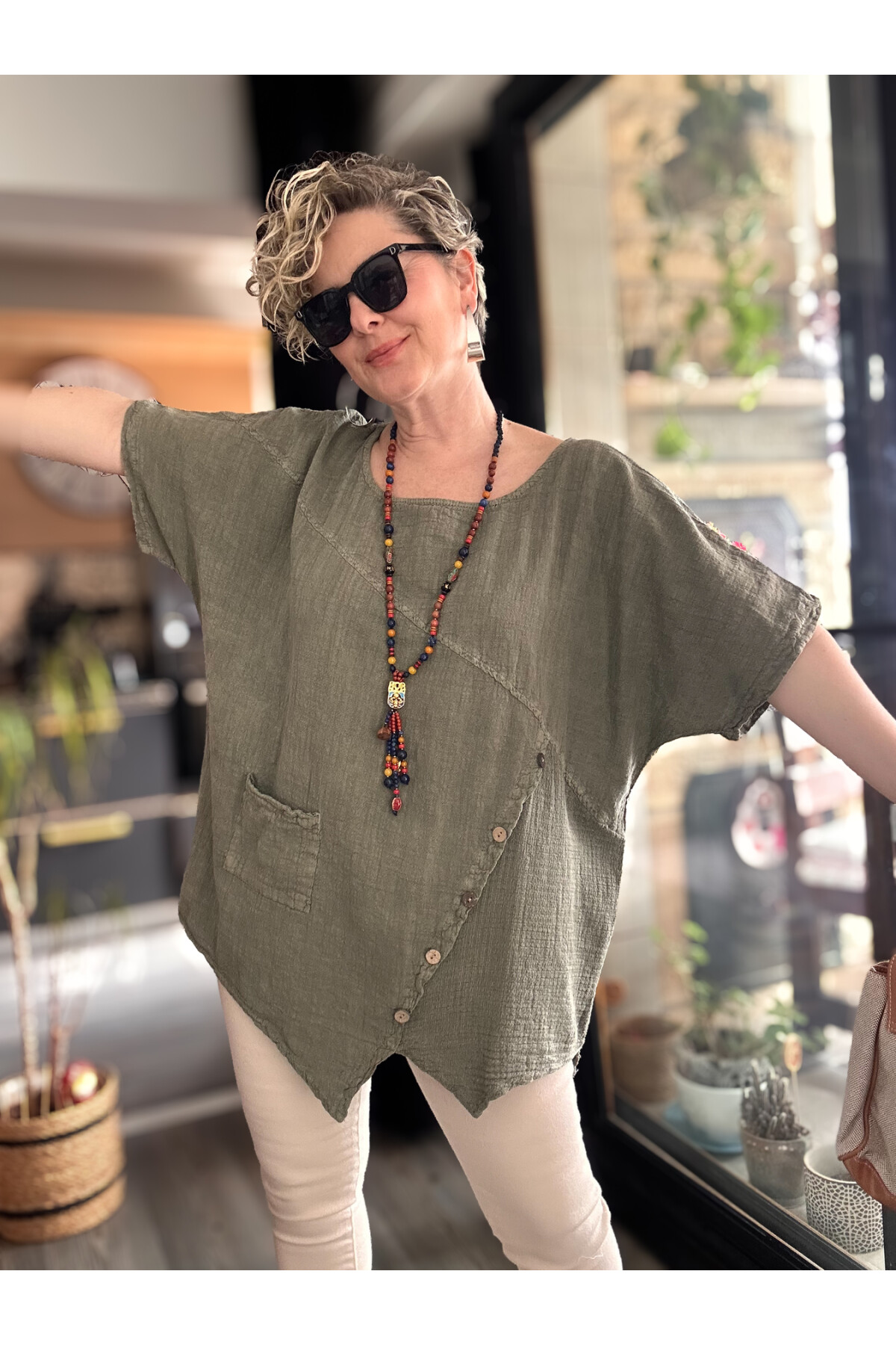 Rosas Tasarım Çapraz Düğme Detay Bluz Haki