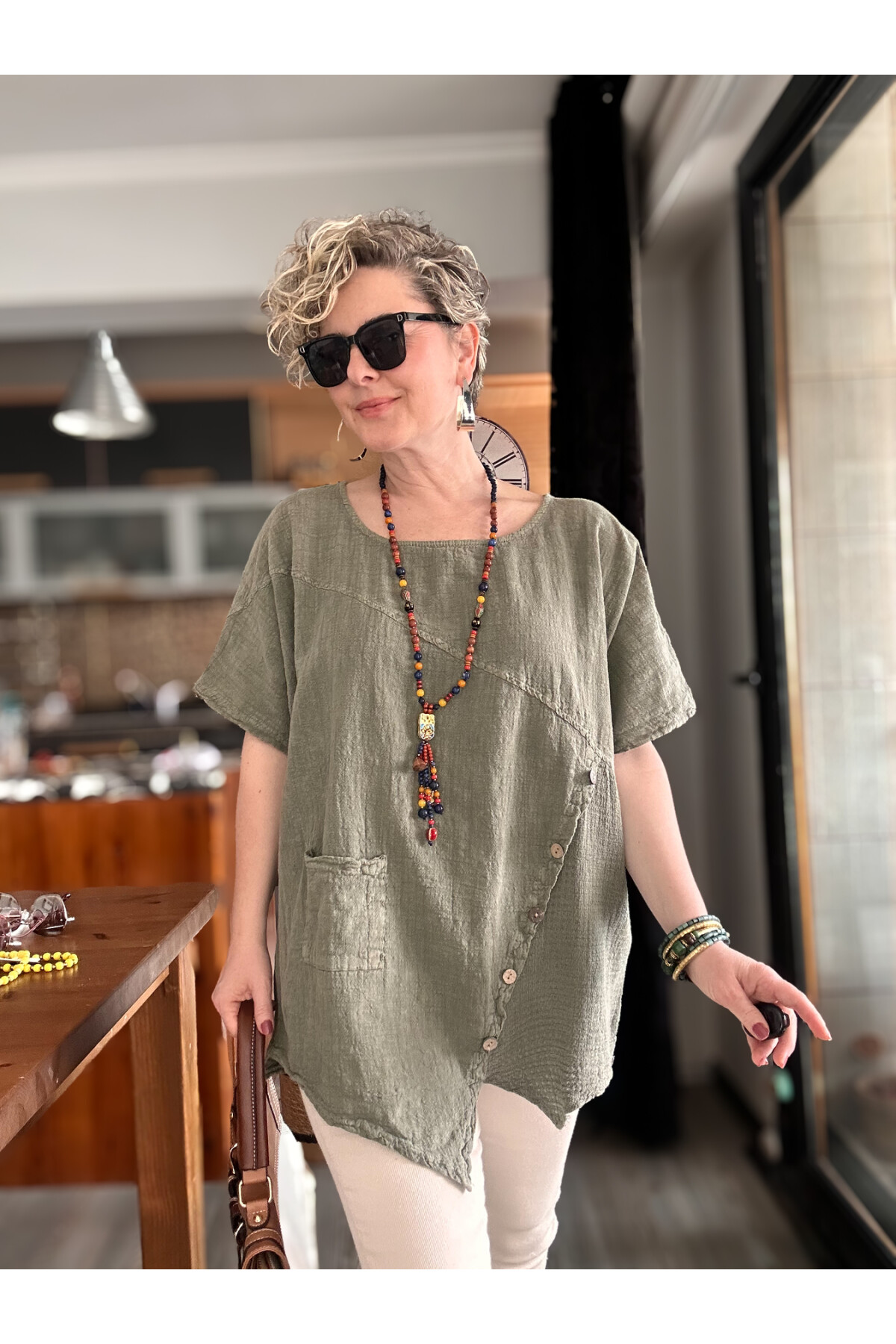 Rosas Tasarım Çapraz Düğme Detay Bluz Haki