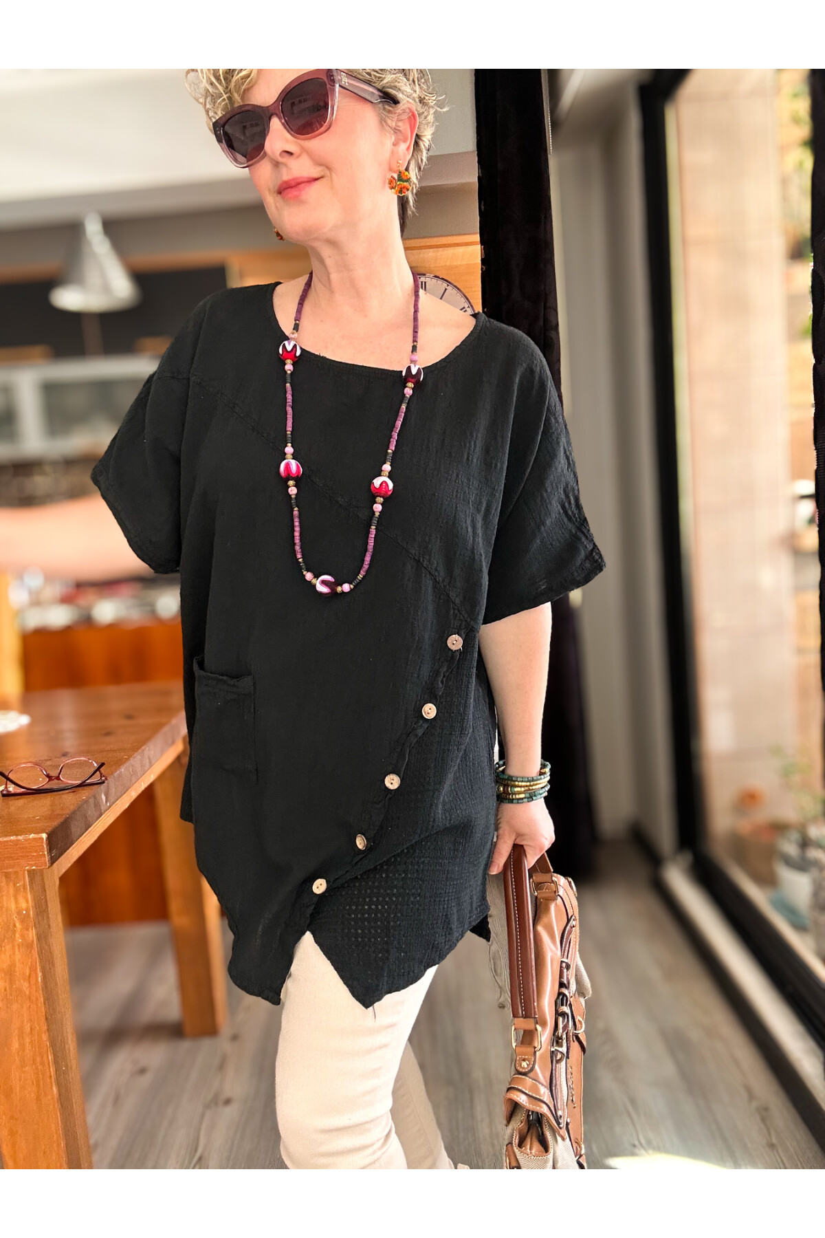 Rosas Tasarım Çapraz Düğme Detay Bluz Siyah